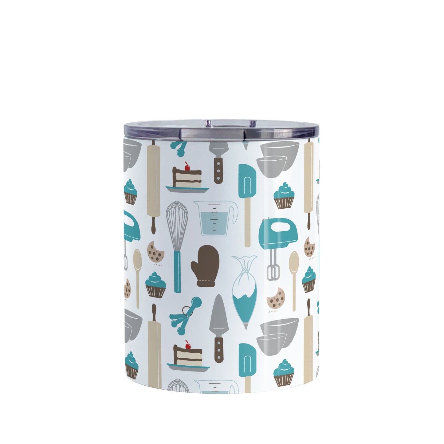 Turquoise Baking Pattern Tumbler Cup (10oz) at Amy's Coffee Mugs. A stainless steel tumbler cup designed with a pattern of baking tools like spatulas, whisks, mixers, bowls, and spoons, with cookies, cupcakes, and cake all in a turquoise, gray, brown, and beige color scheme that wraps around the cup.
