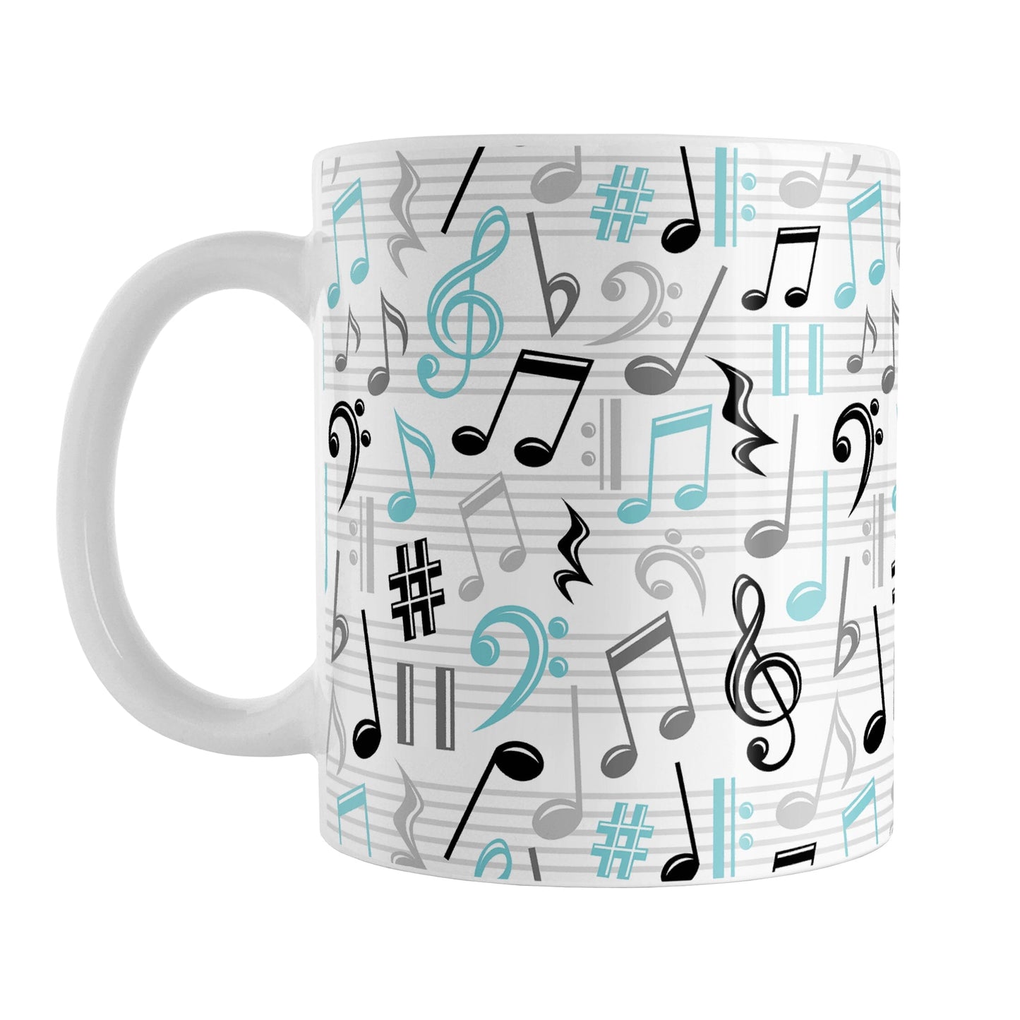 Turquoise Music Notes Pattern Mug (11oz) at Amy's Coffee Mugs. A ceramic coffee mug designed with music notes and symbols in turquoise, black, and gray in a pattern that wraps around the mug to the handle.