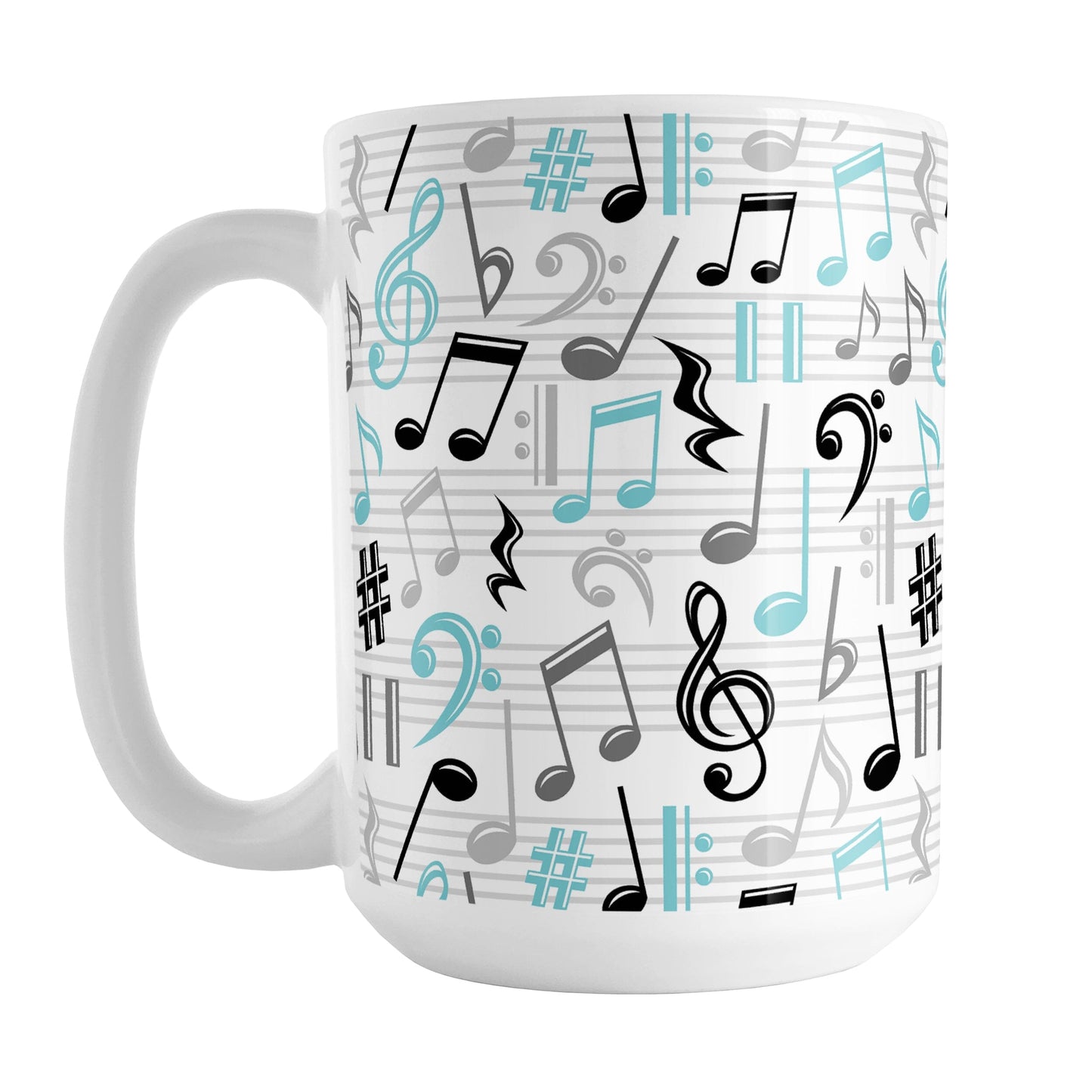 Turquoise Music Notes Pattern Mug (15oz) at Amy's Coffee Mugs. A ceramic coffee mug designed with music notes and symbols in turquoise, black, and gray in a pattern that wraps around the mug to the handle.