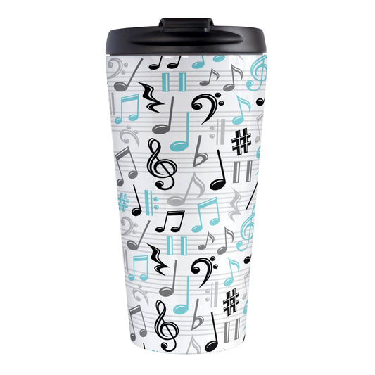 Turquoise Music Notes Pattern Travel Mug (15oz) at Amy's Coffee Mugs.