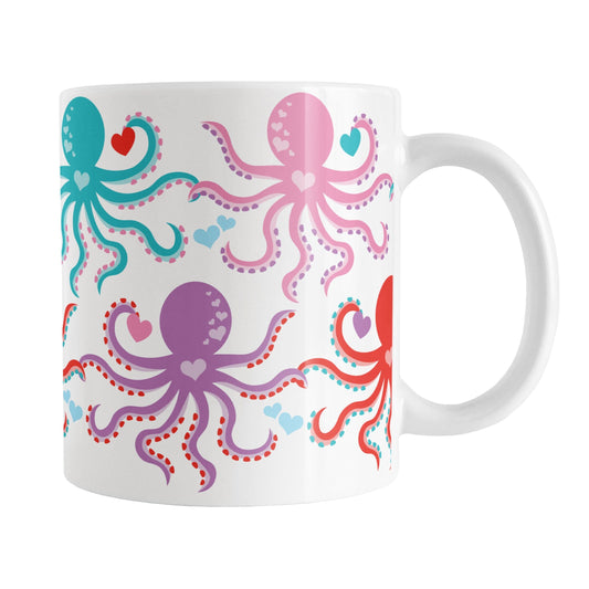 11oz white mug with a colorful octopus pattern with hearts, perfect for Valentine's Day
