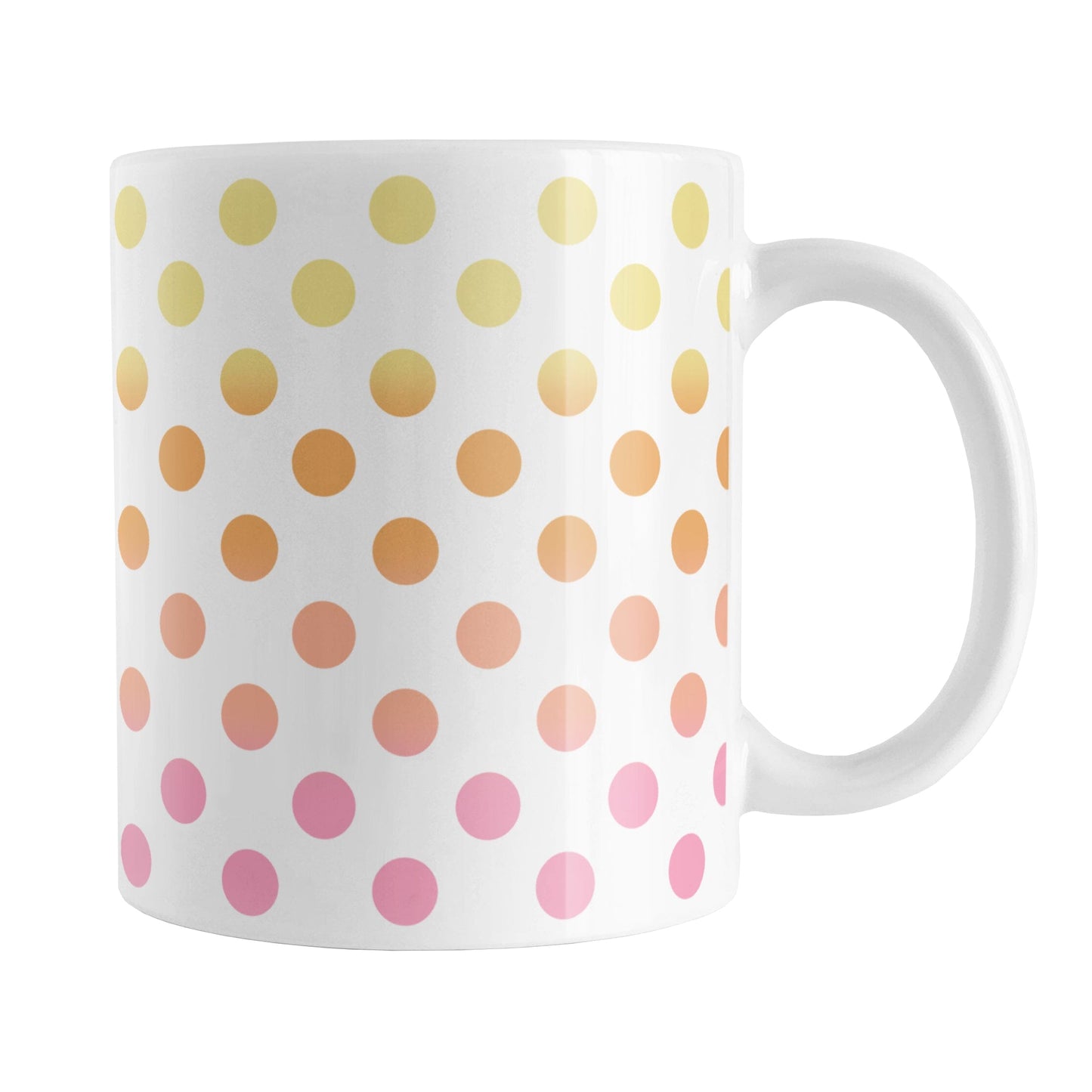 Warm Ombre Polka Dots Mug (11oz) at Amy's Coffee Mugs. A ceramic coffee mug designed with polka dots in a gradient color progression with yellow, orange, peach, and pink in a pattern that wraps around the mug to the handle.