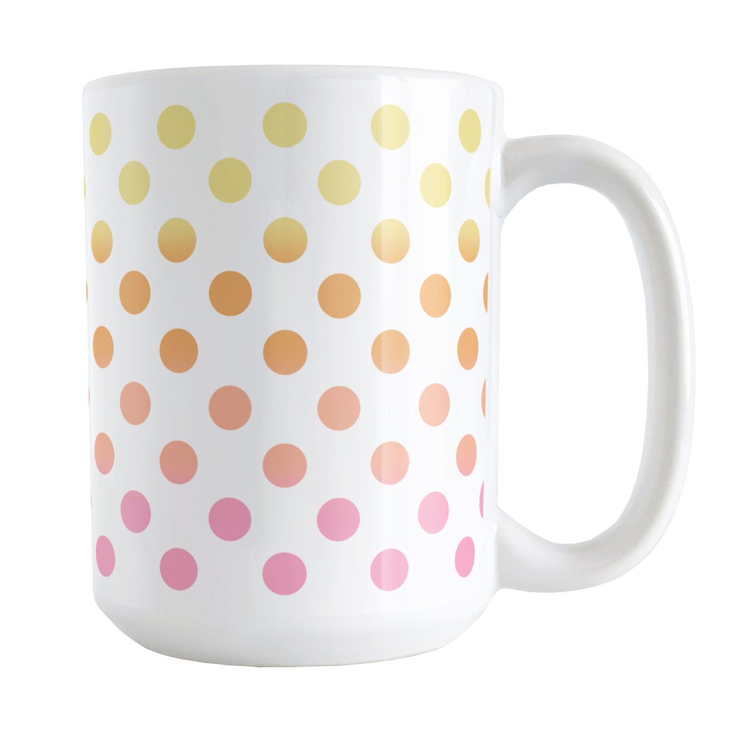 Warm Ombre Polka Dots Mug (15oz) at Amy's Coffee Mugs. A ceramic coffee mug designed with polka dots in a gradient color progression with yellow, orange, peach, and pink in a pattern that wraps around the mug to the handle.