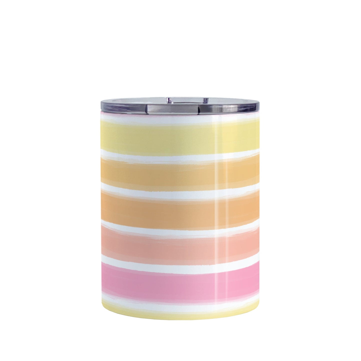 Warm Paint Strokes Tumbler Cup (20oz) at Amy's Coffee Mugs. A stainless steel tumbler cup designed with a pattern of horizontal stripes done in a paint strokes illustration in warm colors that wraps around the cup. These warm colors include yellow, orange, peach, and pink tones.