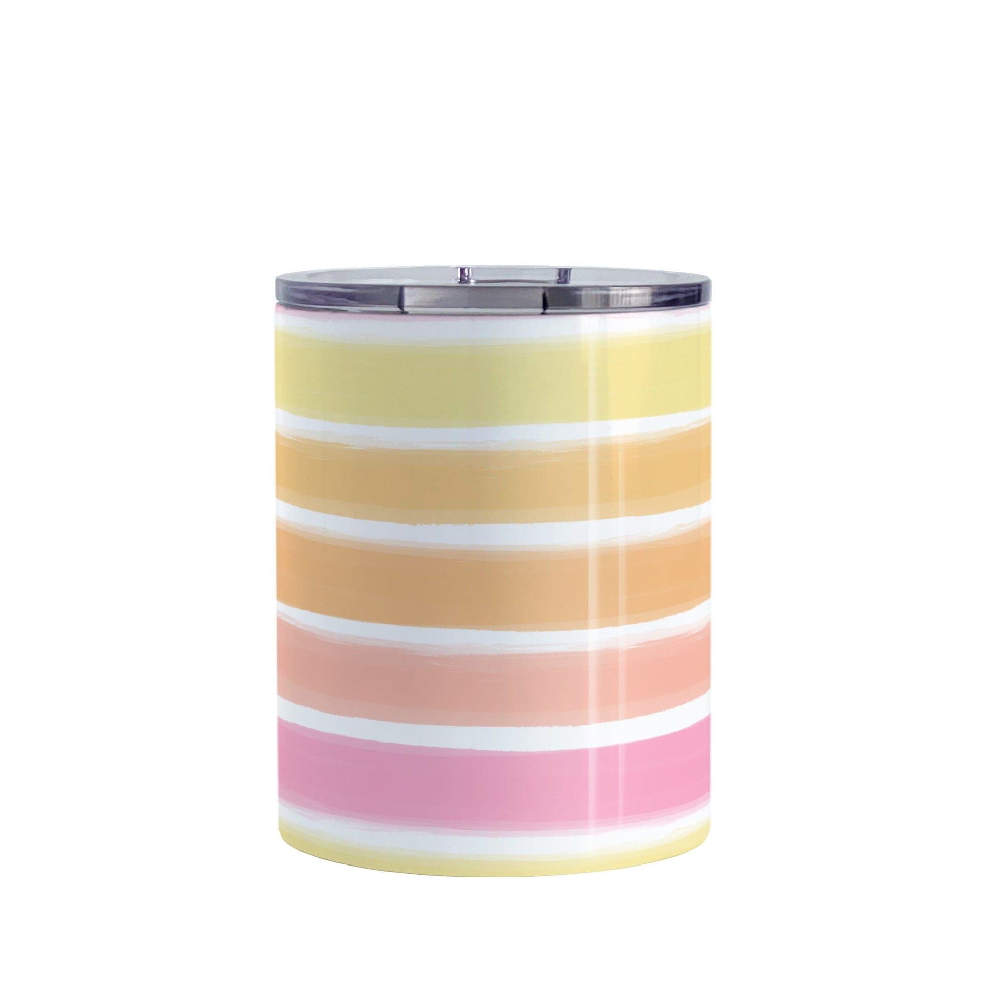 Warm Paint Strokes Tumbler Cup (20oz) at Amy's Coffee Mugs. A stainless steel tumbler cup designed with a pattern of horizontal stripes done in a paint strokes illustration in warm colors that wraps around the cup. These warm colors include yellow, orange, peach, and pink tones.