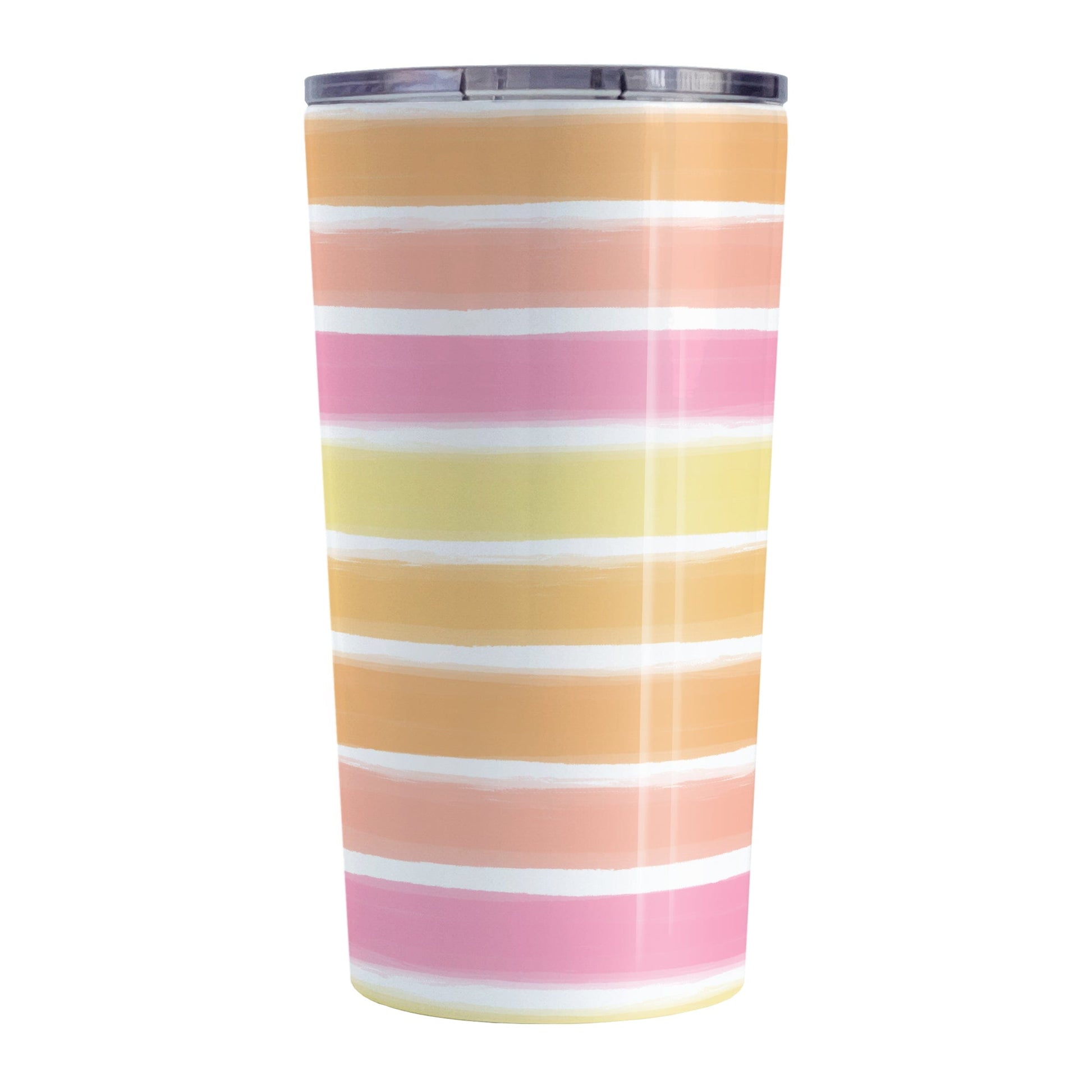Warm Paint Strokes Tumbler Cup (20oz) at Amy's Coffee Mugs. A stainless steel tumbler cup designed with a pattern of horizontal stripes done in a paint strokes illustration in warm colors that wraps around the cup. These warm colors include yellow, orange, peach, and pink tones.