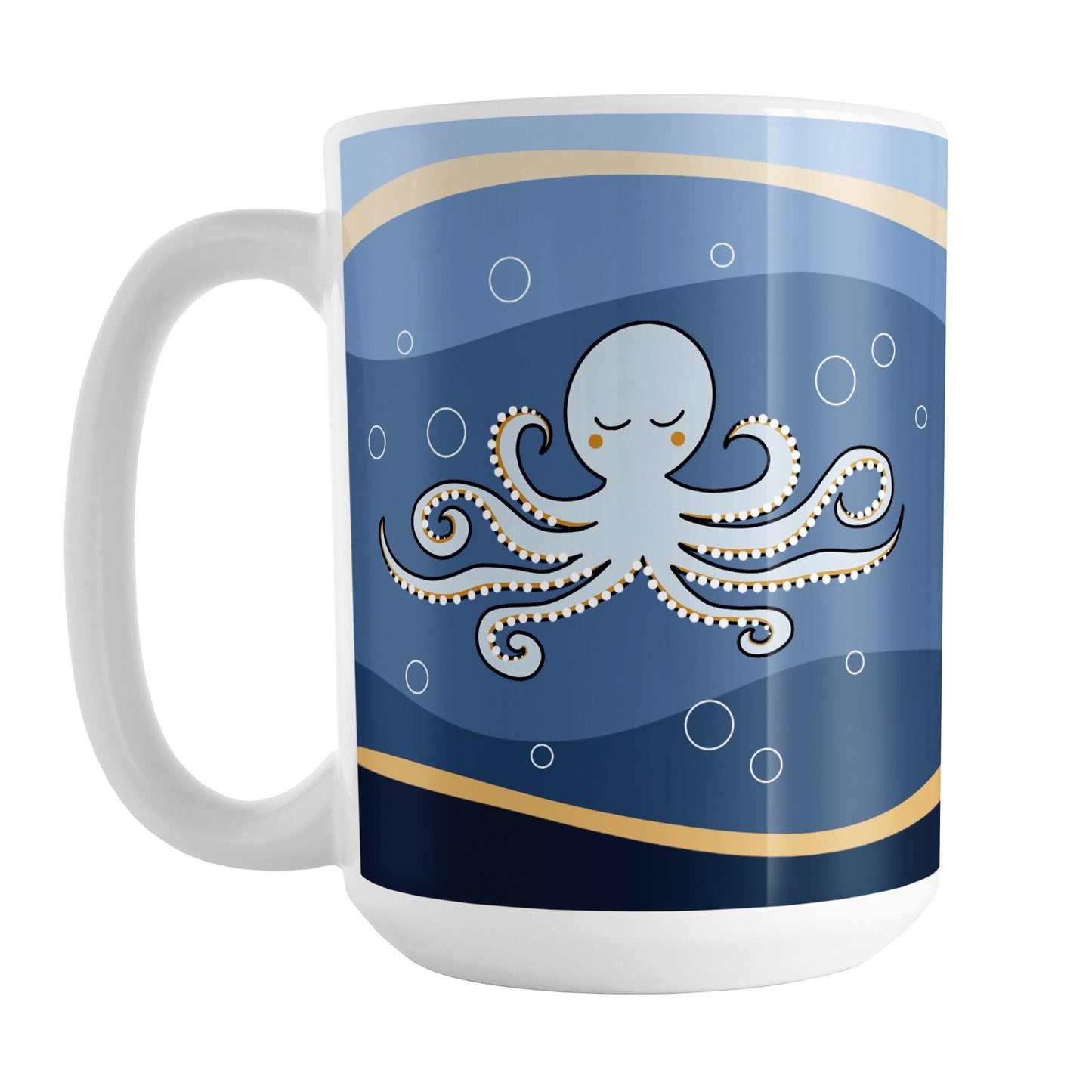 Wavy Blue Octopus Mug (15oz) at Amy's Coffee Mugs. A ceramic coffee mug designed with an illustration of a happy light blue octopus over a wavy blue and orange background with bubble circles on both sides of the mug.