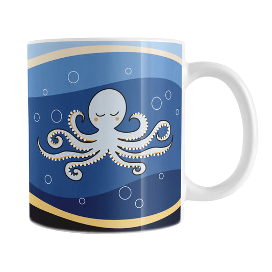 11oz white mug with an octopus over a wavy blue background design