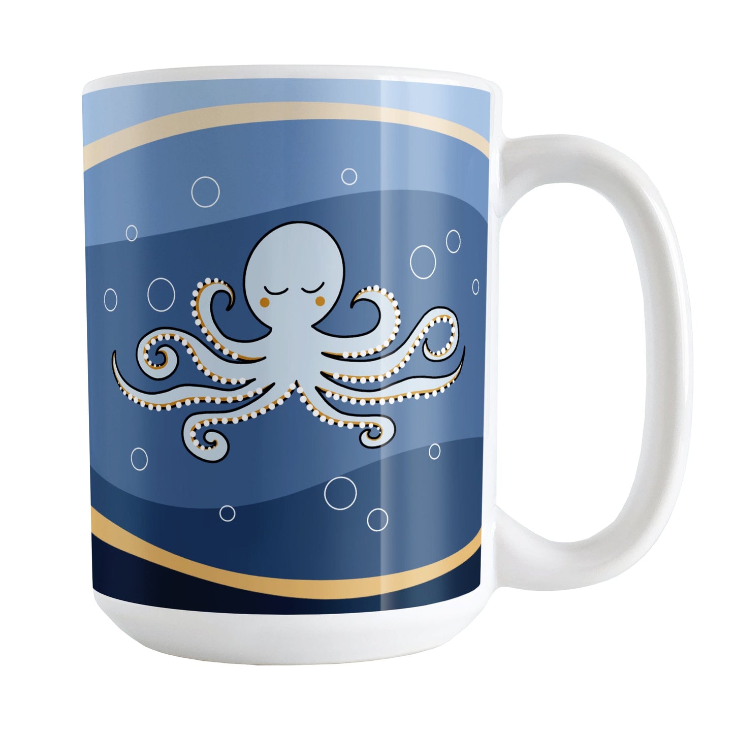 Wavy Blue Octopus Mug (15oz) at Amy's Coffee Mugs. A ceramic coffee mug designed with an illustration of a happy light blue octopus over a wavy blue and orange background with bubble circles on both sides of the mug.