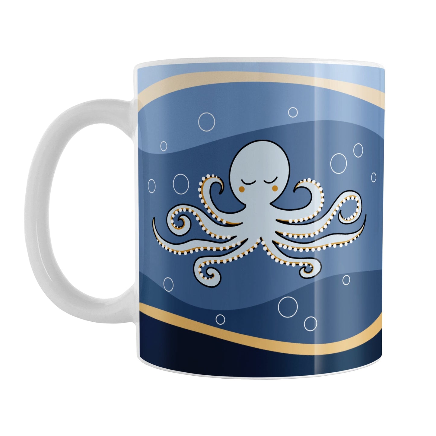 Wavy Blue Octopus Mug (11oz) at Amy's Coffee Mugs. A ceramic coffee mug designed with an illustration of a happy light blue octopus over a wavy blue and orange background with bubble circles on both sides of the mug.
