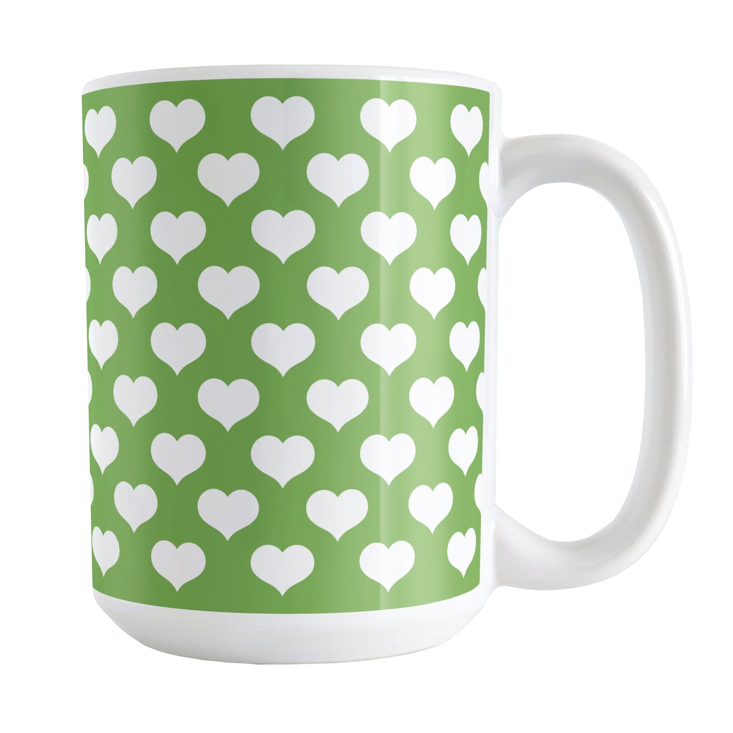 White Hearts Pattern Green Mug (15oz) at Amy's Coffee Mugs. A ceramic coffee mug designed with a pattern of big white hearts over a green background color that wraps around the mug to the handle. It's the perfect mug for anyone who loves hearts and the color green.
