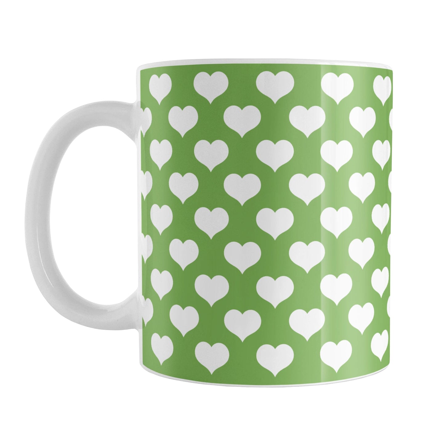 White Hearts Pattern Green Mug (11oz) at Amy's Coffee Mugs. A ceramic coffee mug designed with a pattern of big white hearts over a green background color that wraps around the mug to the handle. It's the perfect mug for anyone who loves hearts and the color green.