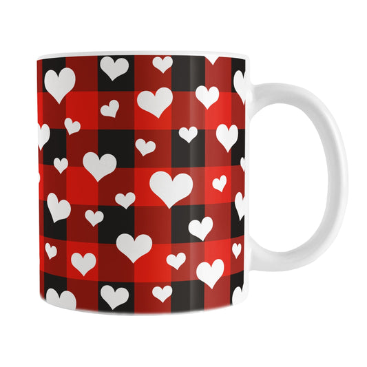 11oz white mug with red and black checkered (buffalo plaid) pattern and white hearts