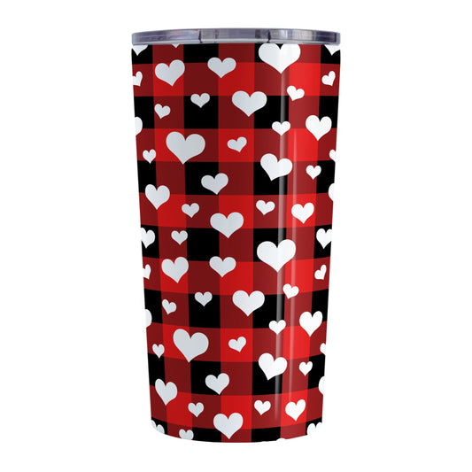 20oz tumbler cup with a red and black buffalo plaid pattern and white hearts