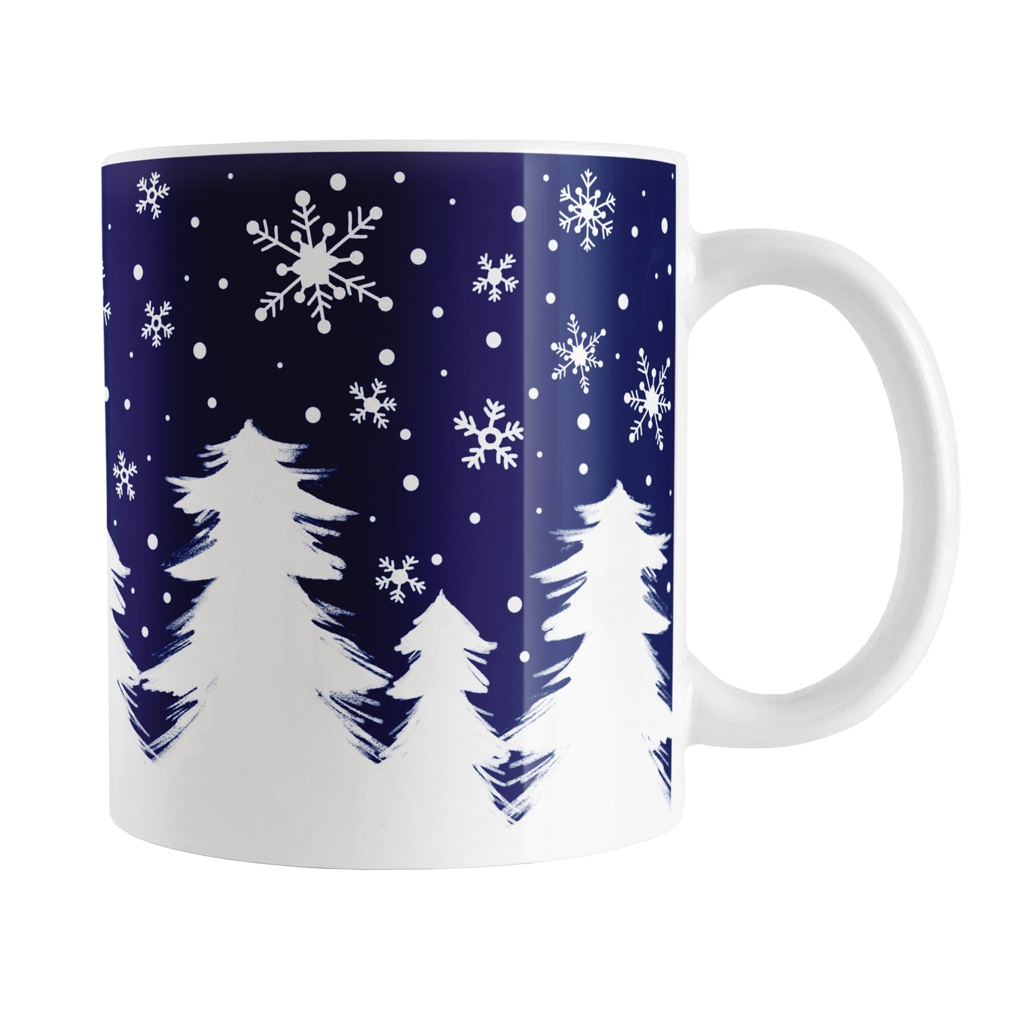 Winter Night Snow Mug (11oz) at Amy's Coffee Mugs. A ceramic coffee mug designed with an illustrated winter night snow treeline. The design features a navy blue sky filled with white snowflakes over a row of white pine trees along the bottom.