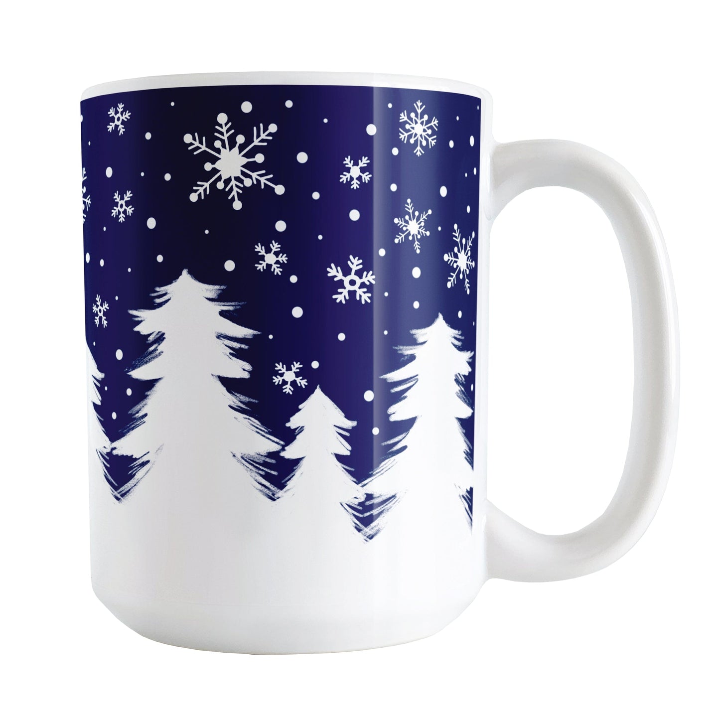 Winter Night Snow Mug (15oz) at Amy's Coffee Mugs. A ceramic coffee mug designed with an illustrated winter night snow treeline. The design features a navy blue sky filled with white snowflakes over a row of white pine trees along the bottom.