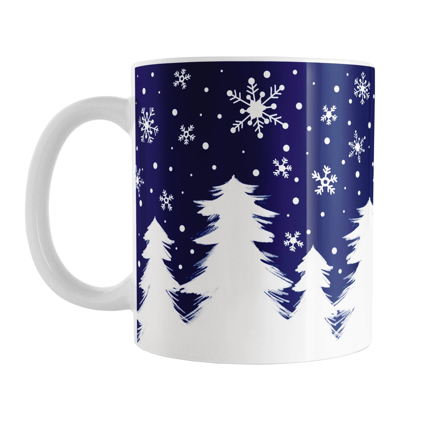 Winter Night Snow Mug (11oz) at Amy's Coffee Mugs. A ceramic coffee mug designed with an illustrated winter night snow treeline. The design features a navy blue sky filled with white snowflakes over a row of white pine trees along the bottom.