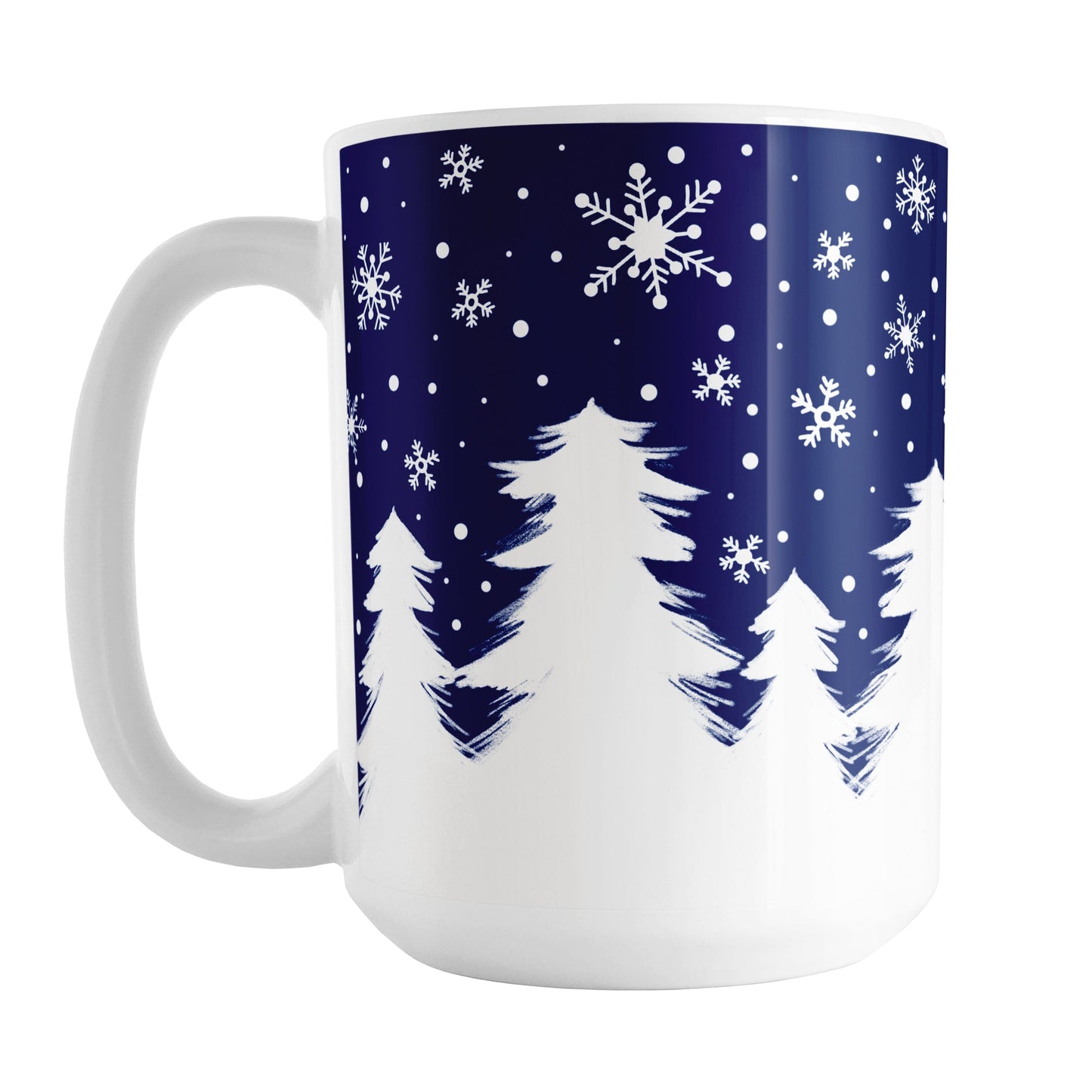 Winter Night Snow Mug (15oz) at Amy's Coffee Mugs. A ceramic coffee mug designed with an illustrated winter night snow treeline. The design features a navy blue sky filled with white snowflakes over a row of white pine trees along the bottom.
