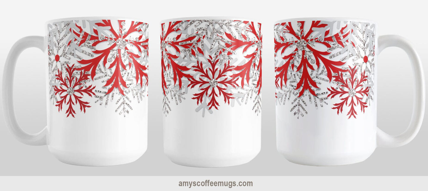 Winter Red Silver Snowflake Mug (15oz) at Amy's Coffee Mugs. A ceramic coffee mug with red, light gray, and silver-colored glitter-illustrated snowflakes along the top, cascading down most of the mug, over white. This wintry snowflake design wraps around the mug up to the handle. This image shows three sides of the mug to give a full view of the design.