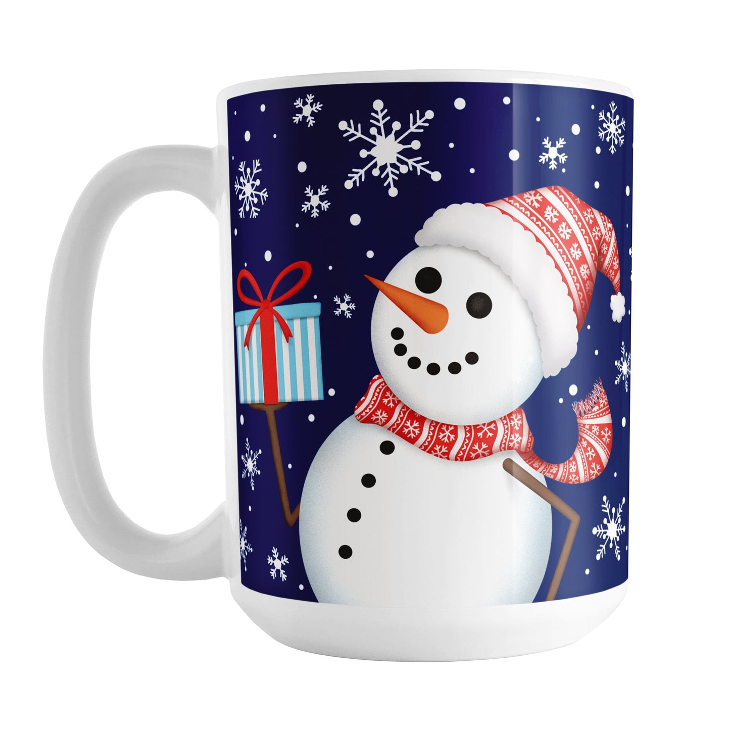 Winter Snowman Mug (15oz) at Amy's Coffee Mugs. A ceramic coffee mug designed with an illustration of a happy snowman wearing a red scarf and hat, while holding a blue gift box, over a winter night sky background with snowflakes around him.