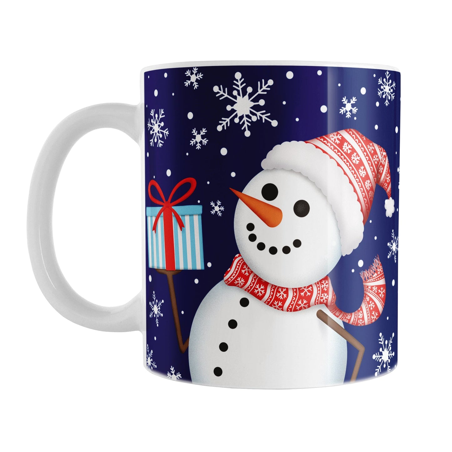 Winter Snowman Mug (11oz) at Amy's Coffee Mugs. A ceramic coffee mug designed with an illustration of a happy snowman wearing a red scarf and hat, while holding a blue gift box, over a winter night sky background with snowflakes around him.