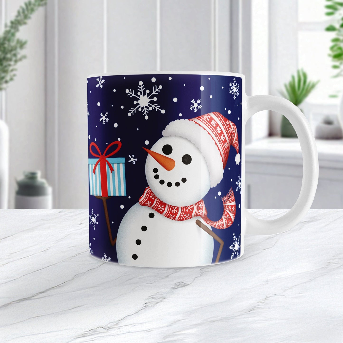 Mug with a snowman design on a white countertop.