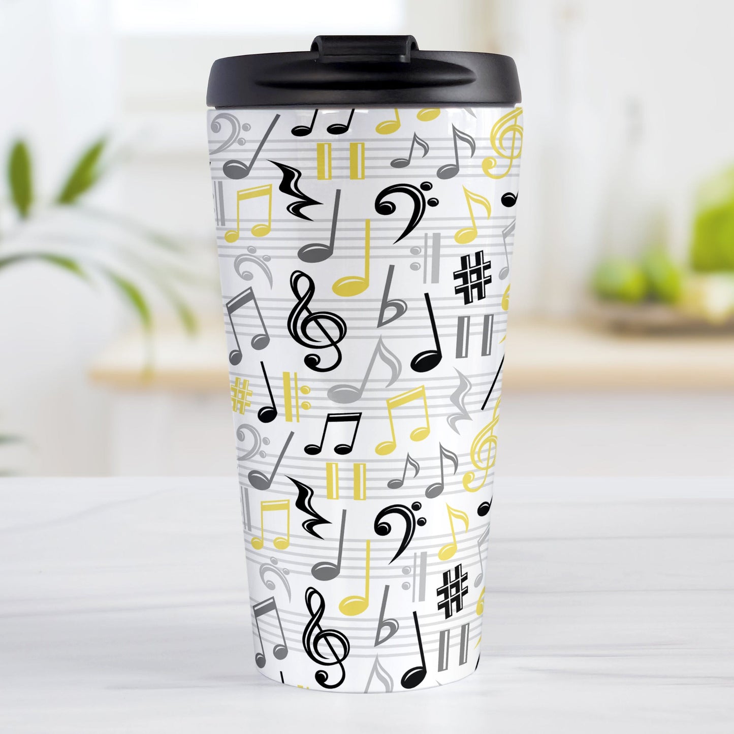 Yellow Music Notes Pattern Travel Mug (15oz) at Amy's Coffee Mugs. A stainless steel travel mug designed with music notes and symbols in yellow, black, and gray in a pattern that wraps around the travel mug.