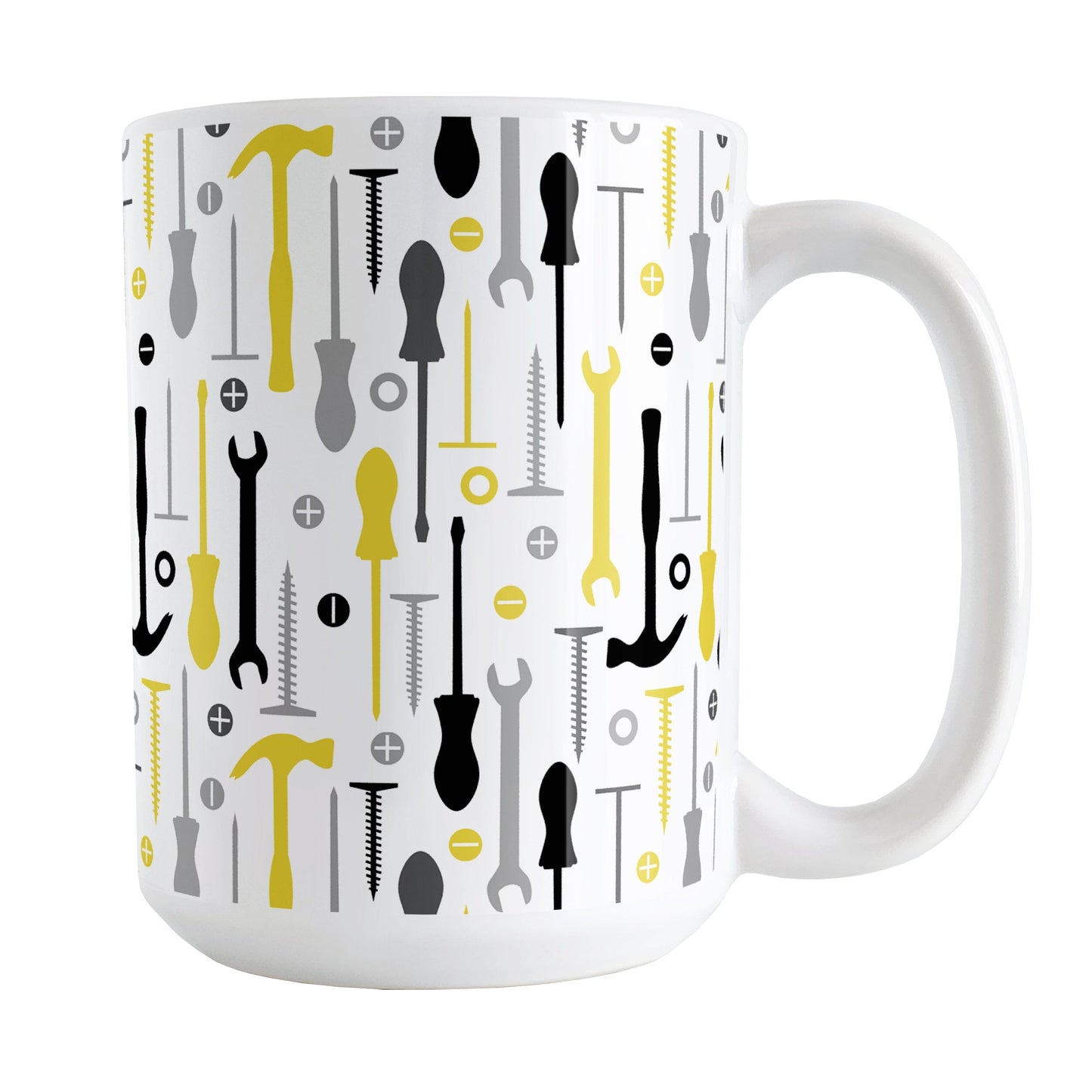 Yellow Tools Pattern Mug (15oz) at Amy's Coffee Mugs. A ceramic coffee mug with a modern style pattern of tools in yellow, black, and gray over white that wraps around the mug to the handle. Perfect for any handyman or contractor or anyone who loves working in their garage on their own.