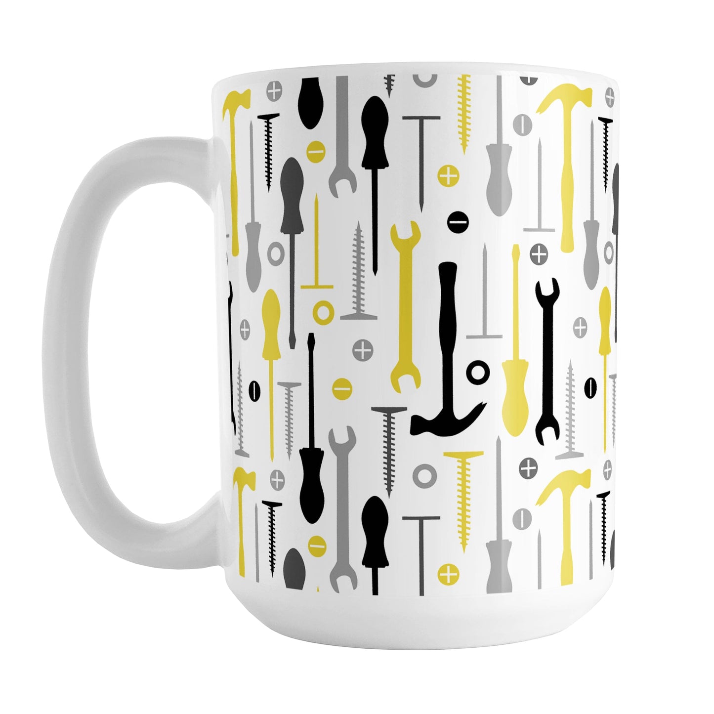 Yellow Tools Pattern Mug (15oz) at Amy's Coffee Mugs. A ceramic coffee mug with a modern style pattern of tools in yellow, black, and gray over white that wraps around the mug to the handle. Perfect for any handyman or contractor or anyone who loves working in their garage on their own.