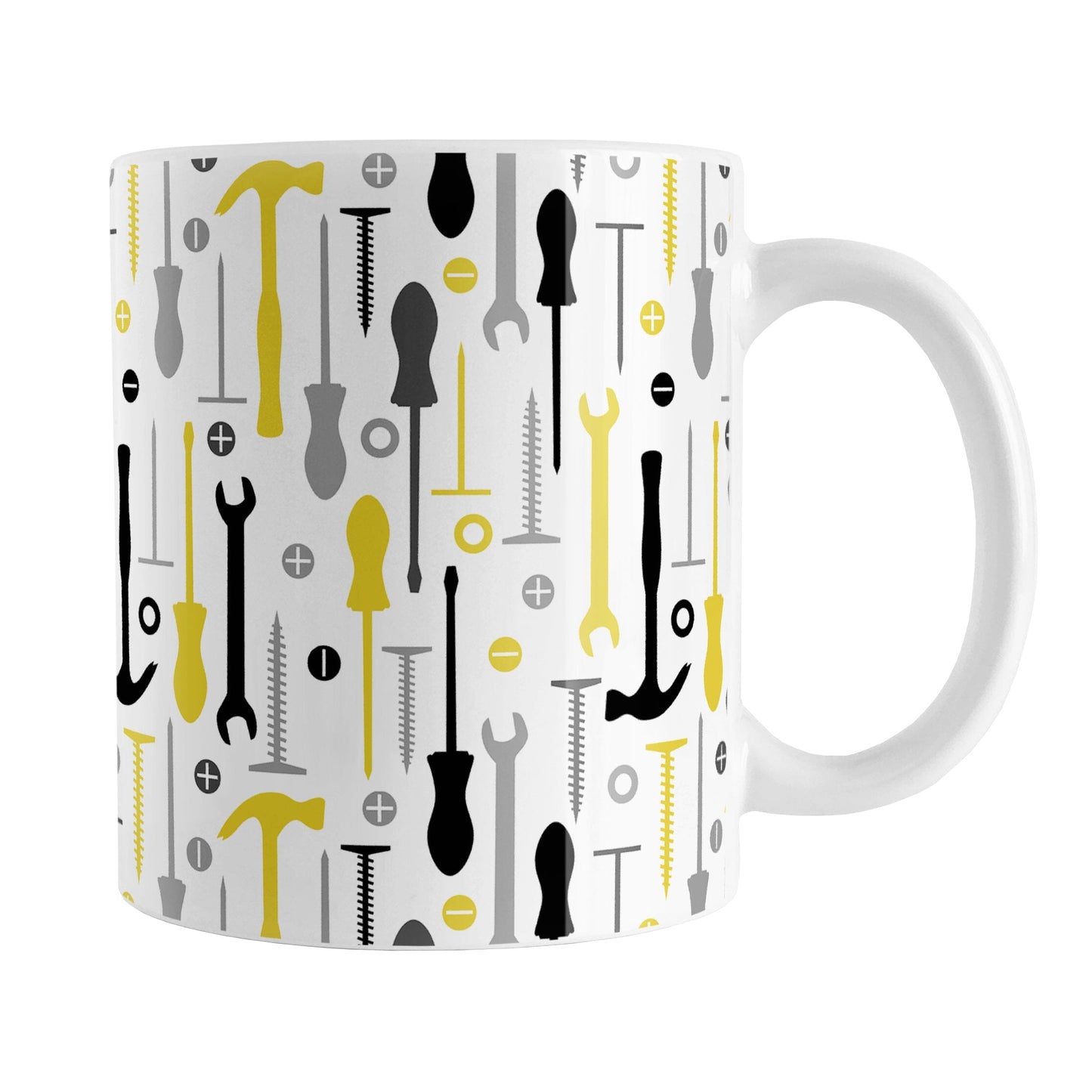 Yellow Tools Pattern Mug (11oz) at Amy's Coffee Mugs. A ceramic coffee mug with a modern style pattern of tools in yellow, black, and gray over white that wraps around the mug to the handle. Perfect for any handyman or contractor or anyone who loves working in their garage on their own.
