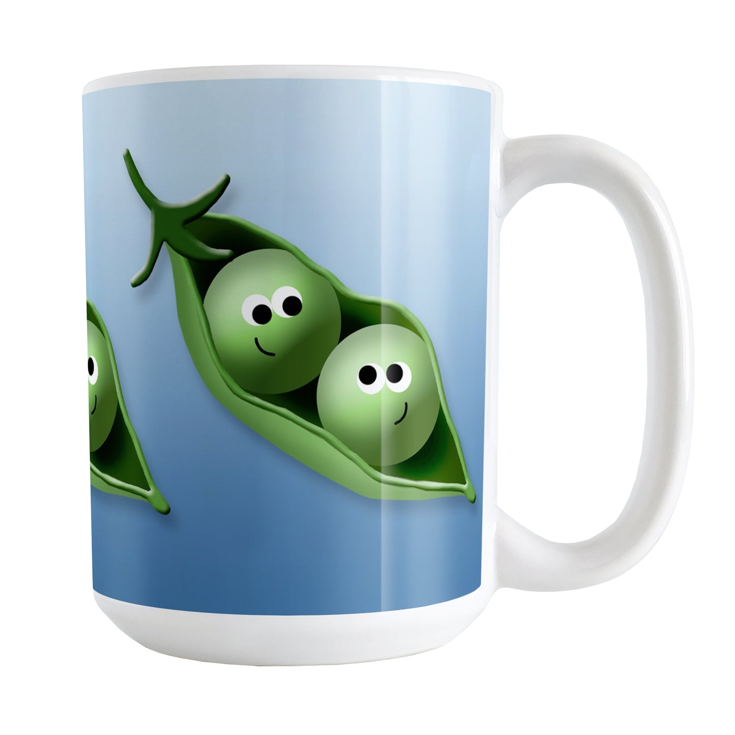2 Peas in a Pod Blue Mug (15oz) at Amy's Coffee Mugs. A ceramic coffee mug designed with an illustration of two peas in a pod smiling at each other over a gradient blue background color that wraps around the mug up to the handle. These adorable pea pods are shown on three sides of the mug.
