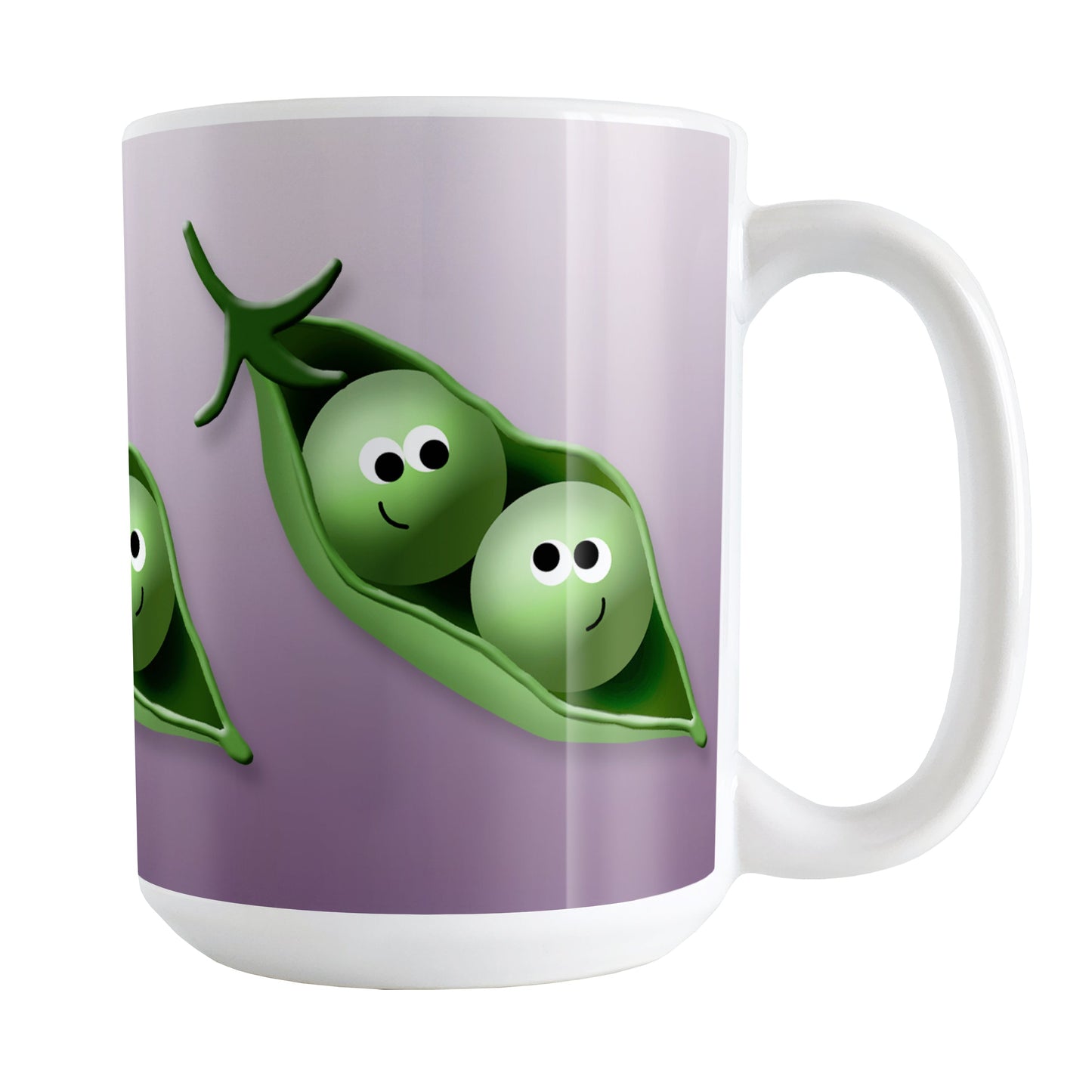 2 Peas in a Pod Mug (15oz) at Amy's Coffee Mugs. A ceramic coffee mug designed with an illustration of two peas in a pod smiling at each other over a gradient purple background color that wraps around the mug up to the handle. These adorable pea pods are shown on three sides of the mug.
