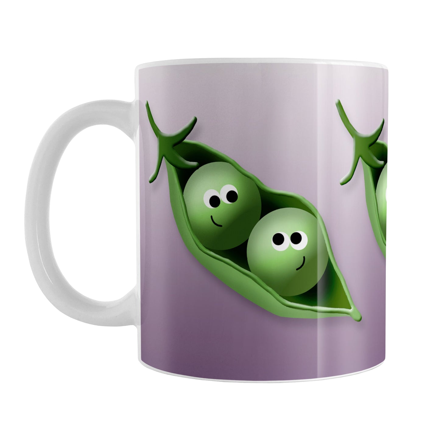 2 Peas in a Pod Mug (11oz) at Amy's Coffee Mugs. A ceramic coffee mug designed with an illustration of two peas in a pod smiling at each other over a gradient purple background color that wraps around the mug up to the handle. These adorable pea pods are shown on three sides of the mug.