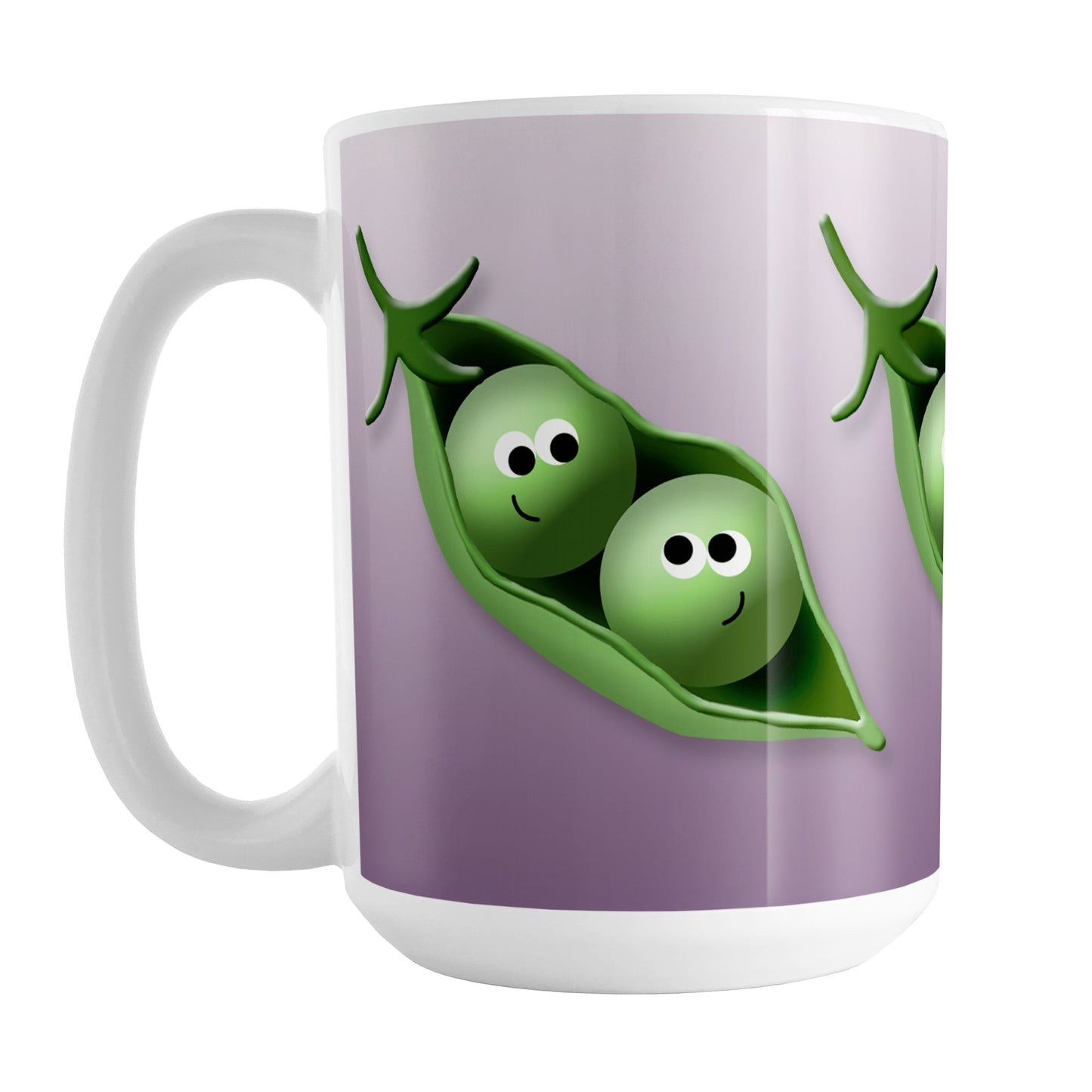 2 Peas in a Pod Mug (15oz) at Amy's Coffee Mugs. A ceramic coffee mug designed with an illustration of two peas in a pod smiling at each other over a gradient purple background color that wraps around the mug up to the handle. These adorable pea pods are shown on three sides of the mug.