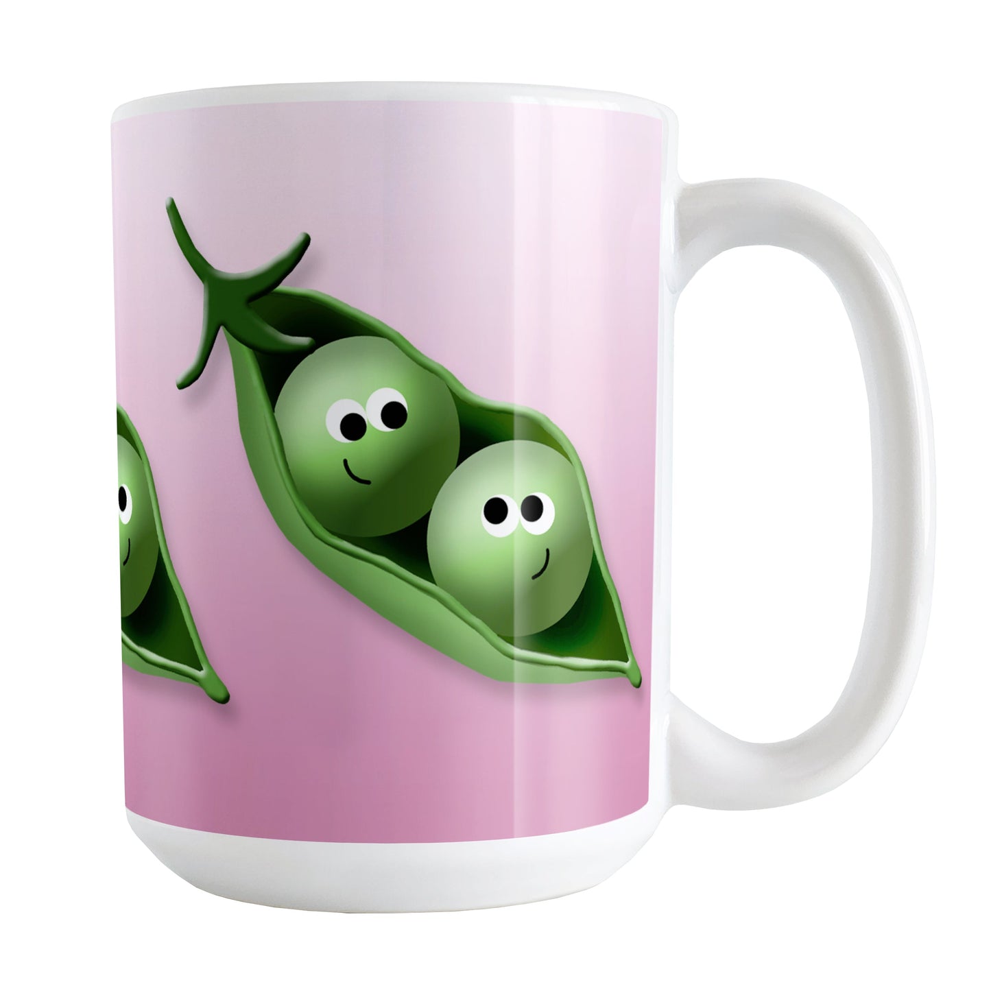 2 Peas in a Pod Pink Mug (15oz) at Amy's Coffee Mugs. A ceramic coffee mug designed with an illustration of two peas in a pod smiling at each other over a gradient pink background color that wraps around the mug up to the handle. These adorable pea pods are shown on three sides of the mug.