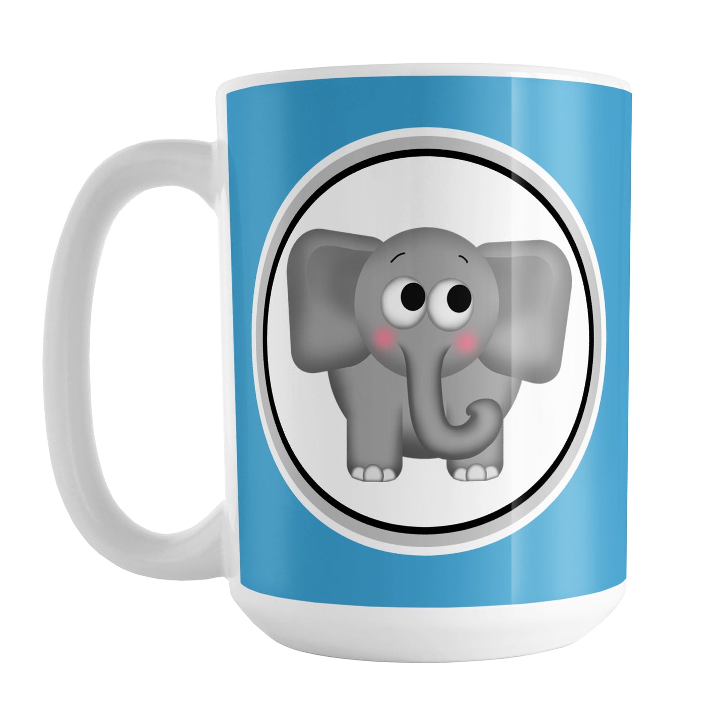 Adorable Blue Elephant Mug (15oz) at Amy's Coffee Mugs. A ceramic coffee mug designed with a cute and affectionate gray elephant in a white circle on both sides of the mug over a blue background color that wraps around the mug up to the handle.