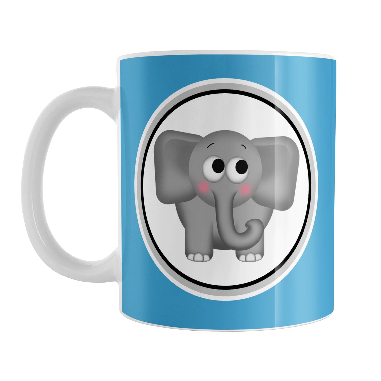 Adorable Blue Elephant Mug (11oz) at Amy's Coffee Mugs. A ceramic coffee mug designed with a cute and affectionate gray elephant in a white circle on both sides of the mug over a blue background color that wraps around the mug up to the handle.