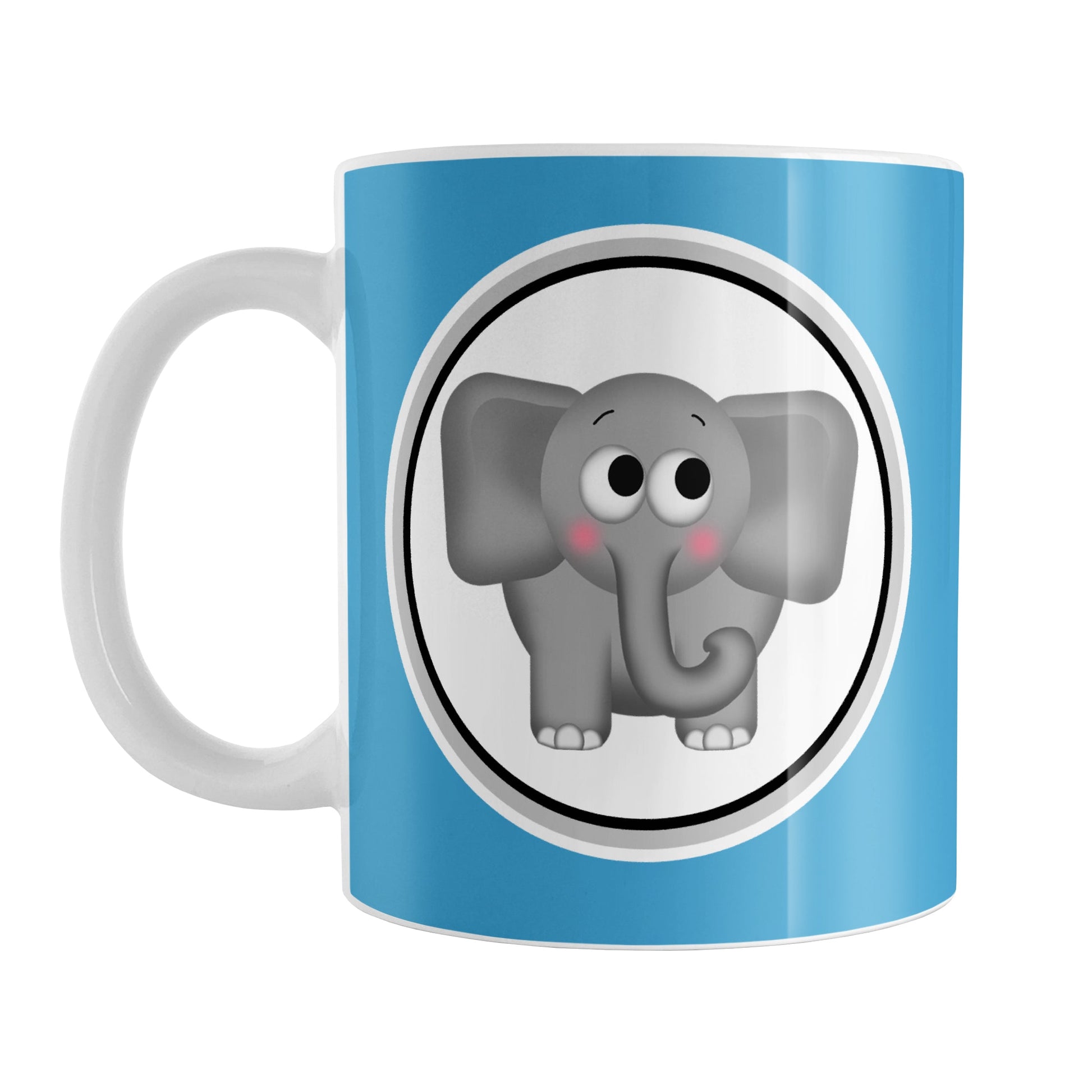 Adorable Blue Elephant Mug (11oz) at Amy's Coffee Mugs. A ceramic coffee mug designed with a cute and affectionate gray elephant in a white circle on both sides of the mug over a blue background color that wraps around the mug up to the handle.