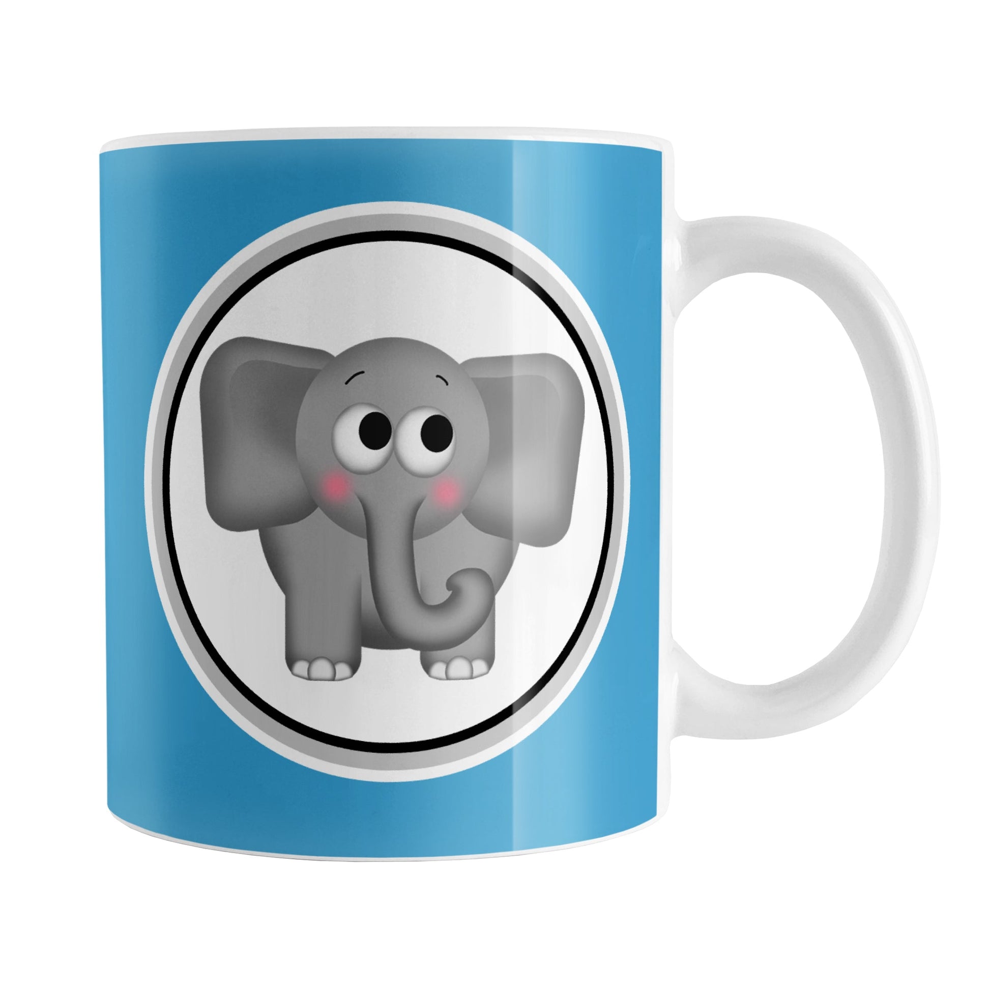 Adorable Blue Elephant Mug (11oz) at Amy's Coffee Mugs. A ceramic coffee mug designed with a cute and affectionate gray elephant in a white circle on both sides of the mug over a blue background color that wraps around the mug up to the handle.