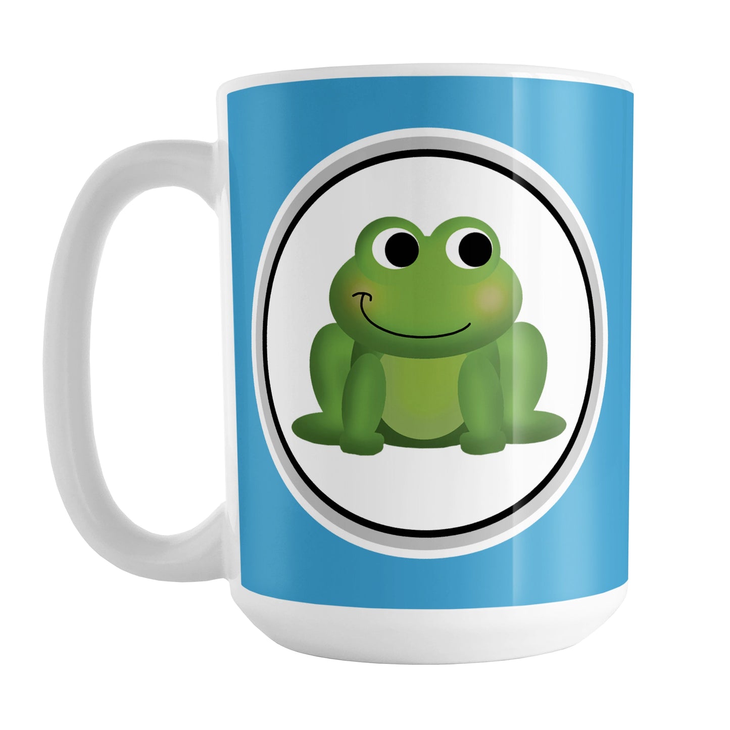 Adorable Blue Frog Mug (15oz) at Amy's Coffee Mugs. A ceramic coffee mug designed with a cute and happy green frog in a white circle on both sides of the mug over a blue background color that wraps around the mug up to the handle.
