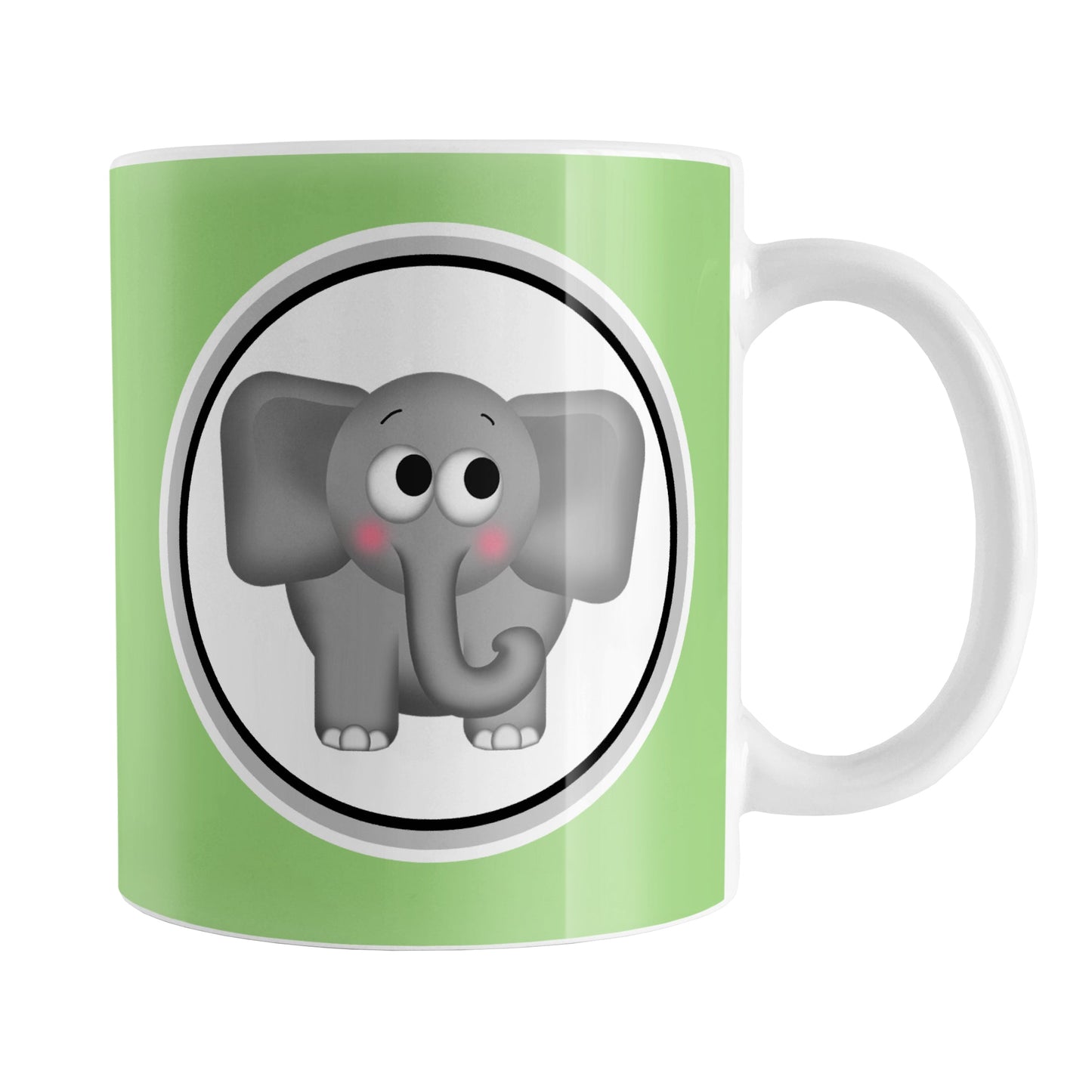 Adorable Green Elephant Mug (11oz) at Amy's Coffee Mugs. A ceramic coffee mug designed with a cute and affectionate gray elephant in a white circle on both sides of the mug over a green background color that wraps around the mug up to the handle.