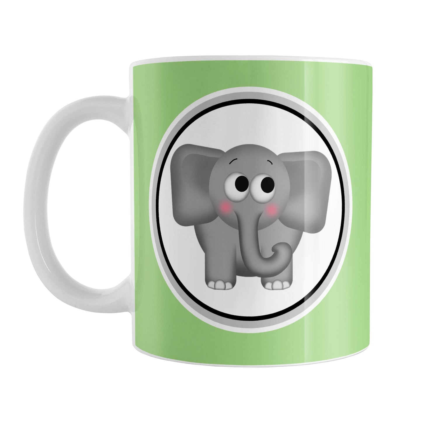 Adorable Green Elephant Mug (11oz) at Amy's Coffee Mugs. A ceramic coffee mug designed with a cute and affectionate gray elephant in a white circle on both sides of the mug over a green background color that wraps around the mug up to the handle.