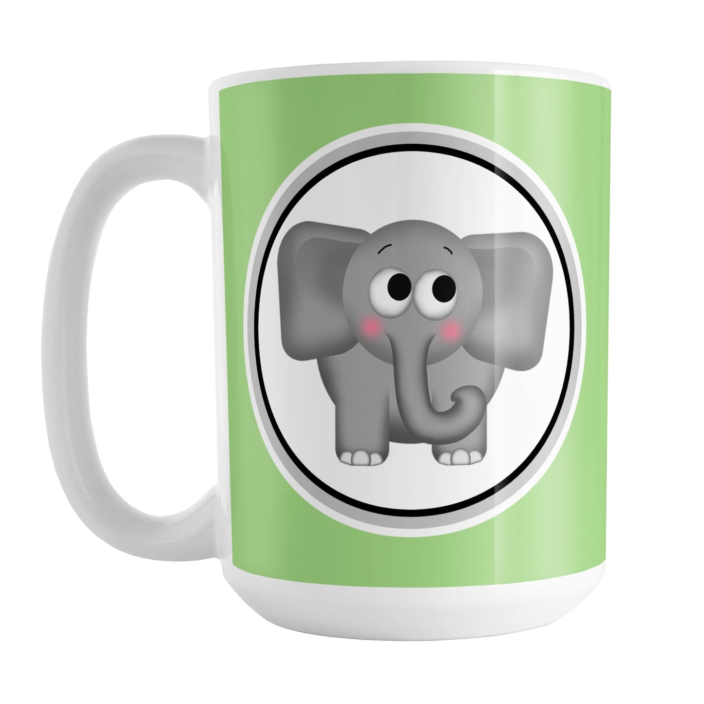 Adorable Green Elephant Mug (15oz) at Amy's Coffee Mugs. A ceramic coffee mug designed with a cute and affectionate gray elephant in a white circle on both sides of the mug over a green background color that wraps around the mug up to the handle.