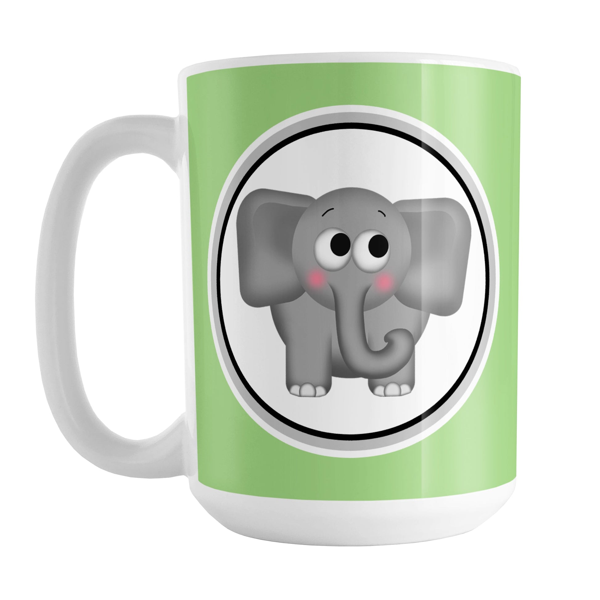 Adorable Green Elephant Mug (15oz) at Amy's Coffee Mugs. A ceramic coffee mug designed with a cute and affectionate gray elephant in a white circle on both sides of the mug over a green background color that wraps around the mug up to the handle.