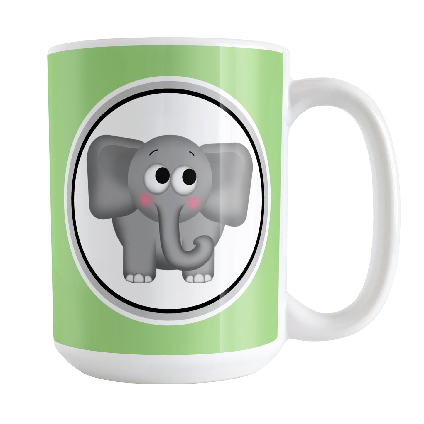 Adorable Green Elephant Mug (15oz) at Amy's Coffee Mugs. A ceramic coffee mug designed with a cute and affectionate gray elephant in a white circle on both sides of the mug over a green background color that wraps around the mug up to the handle.