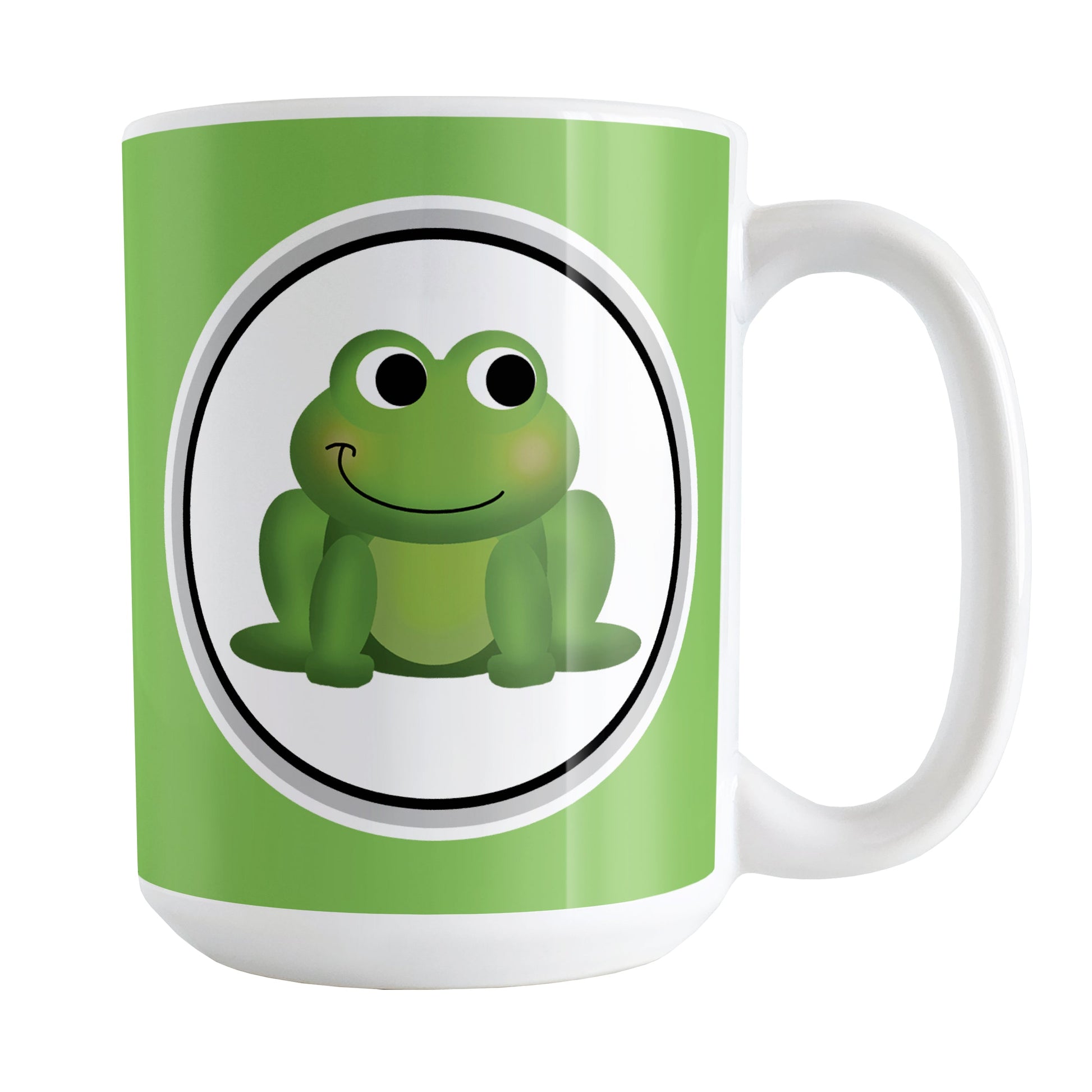 Adorable Green Frog Mug (15oz) at Amy's Coffee Mugs. A ceramic coffee mug designed with a cute and happy green frog in a white circle on both sides of the mug over a green background color that wraps around the mug up to the handle.