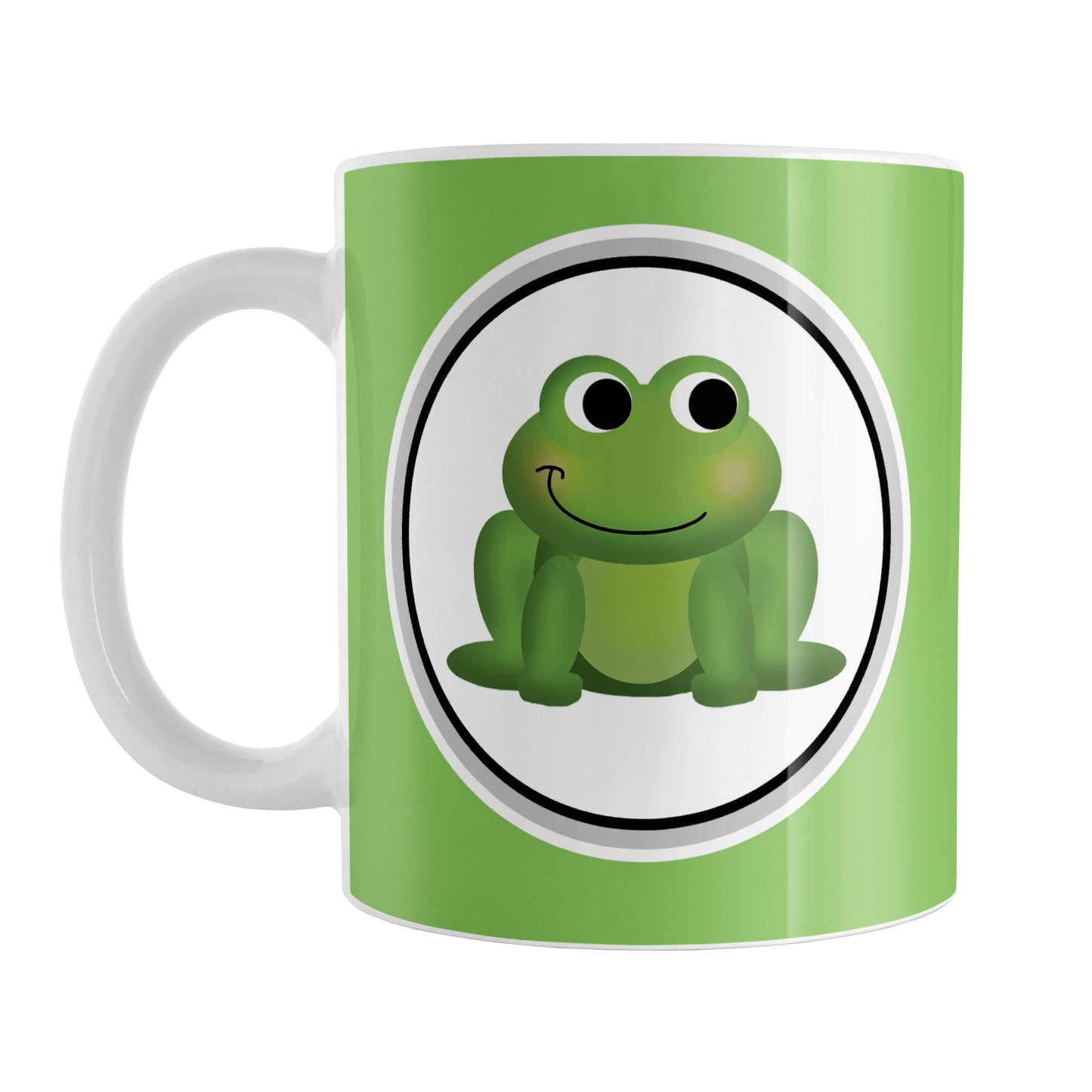 Adorable Green Frog Mug (11oz) at Amy's Coffee Mugs. A ceramic coffee mug designed with a cute and happy green frog in a white circle on both sides of the mug over a green background color that wraps around the mug up to the handle.
