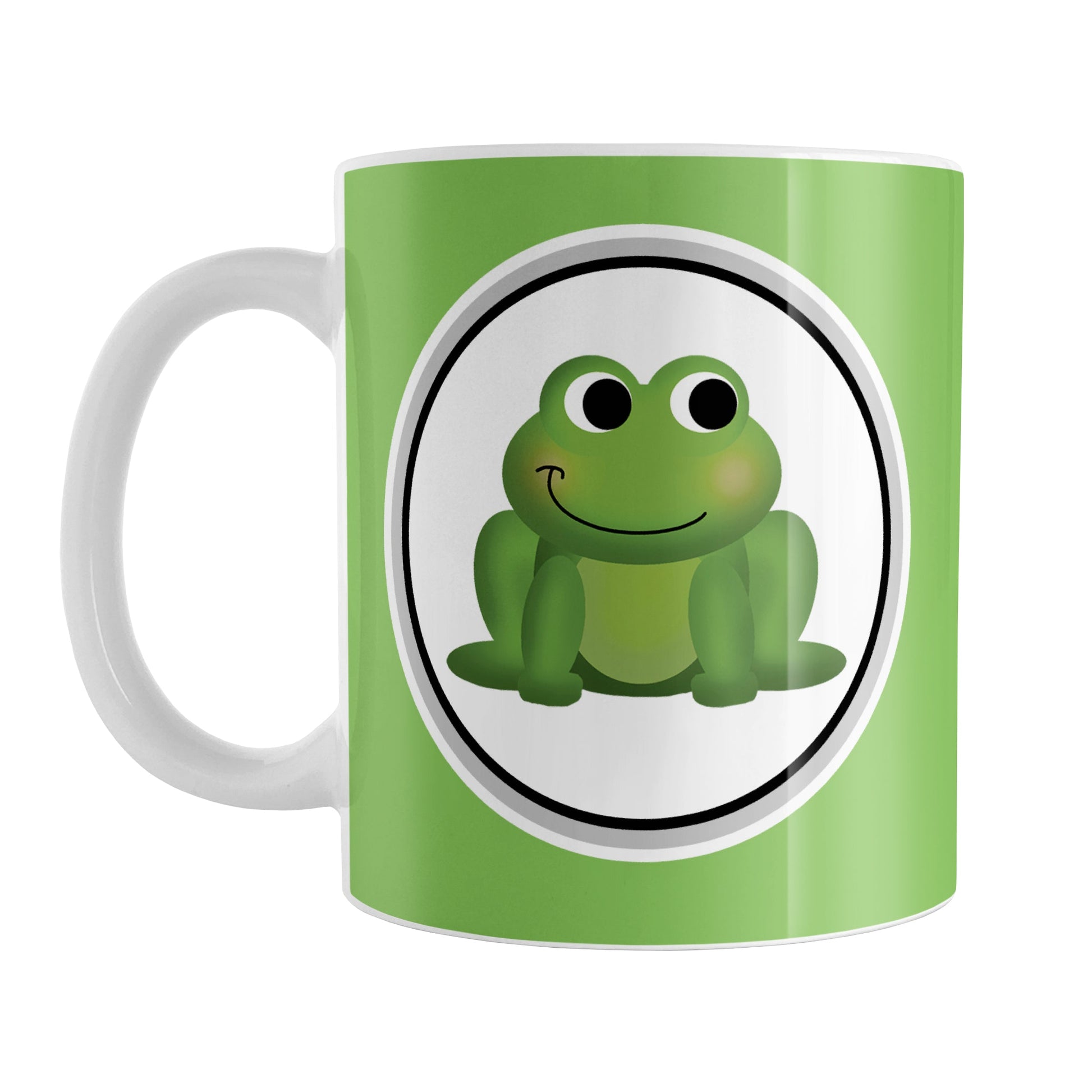 Adorable Green Frog Mug (11oz) at Amy's Coffee Mugs. A ceramic coffee mug designed with a cute and happy green frog in a white circle on both sides of the mug over a green background color that wraps around the mug up to the handle.