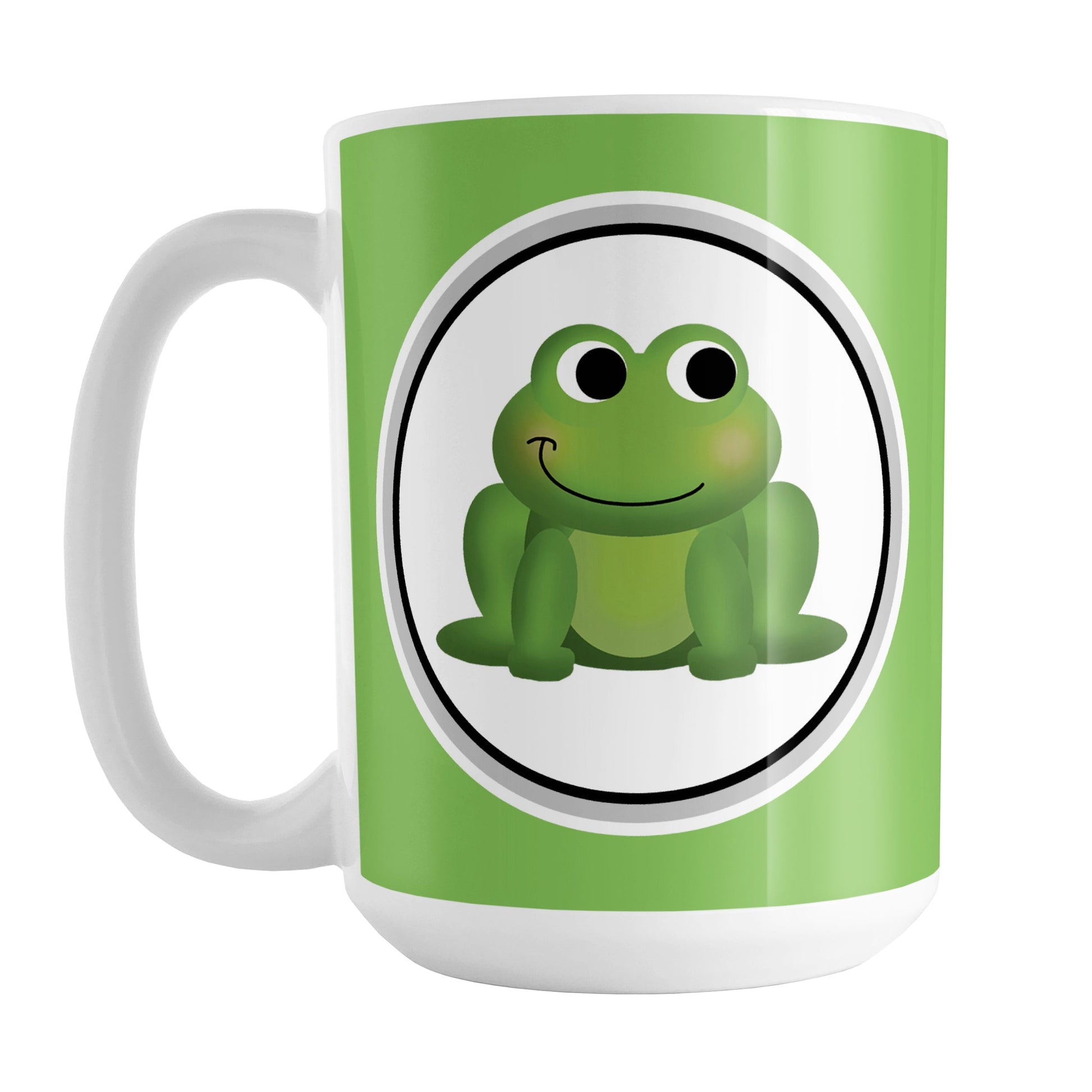 Adorable Green Frog Mug (15oz) at Amy's Coffee Mugs. A ceramic coffee mug designed with a cute and happy green frog in a white circle on both sides of the mug over a green background color that wraps around the mug up to the handle.