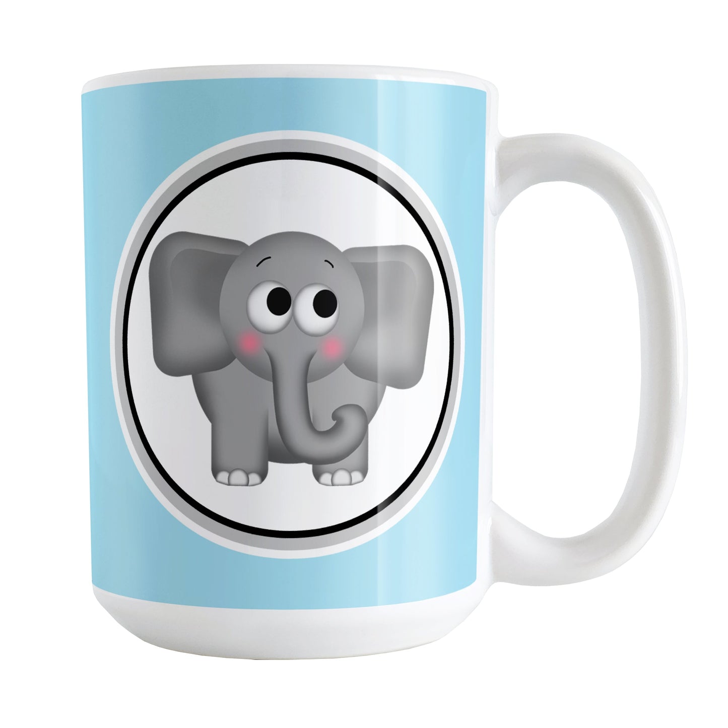 Adorable Light Blue Elephant Mug (15oz) at Amy's Coffee Mugs. A ceramic coffee mug designed with a cute and affectionate gray elephant in a white circle on both sides of the mug over a light blue background color that wraps around the mug up to the handle.